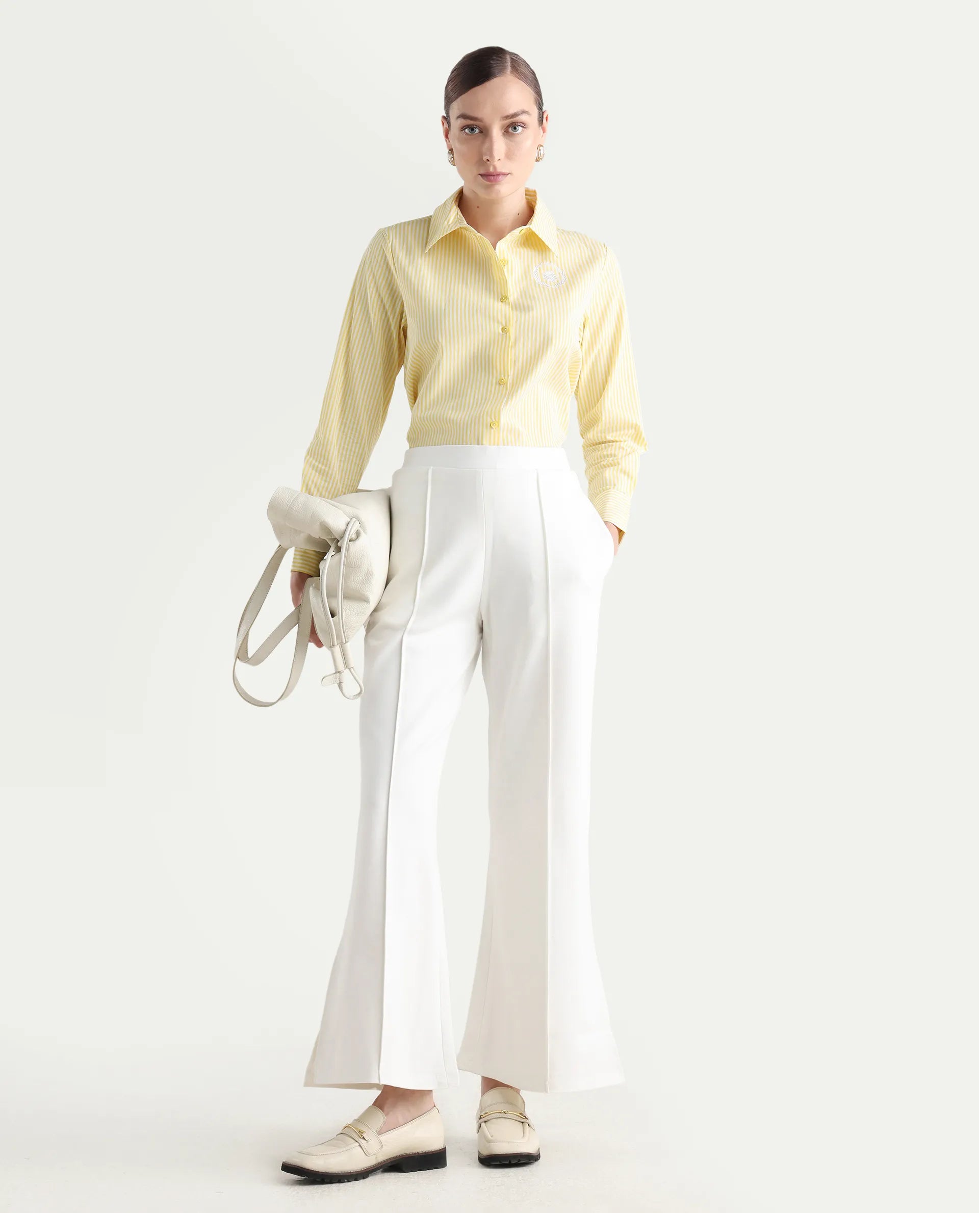 Rareism Women's Robbu Yellow Cotton Drop Collar Striped Cuffed Sleeve Regular Fit Shirt