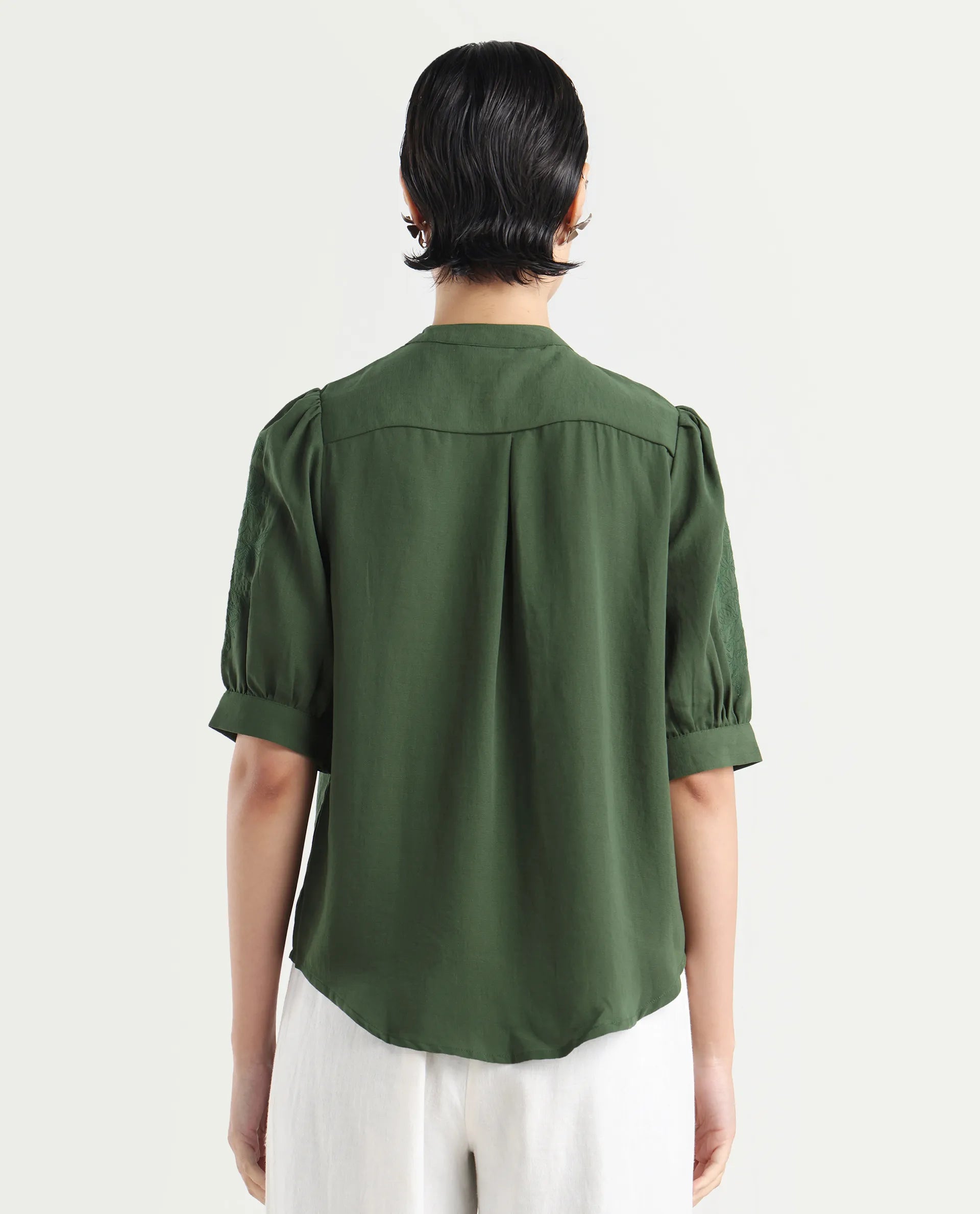 Rareism Women's Onit Olive Polyester Mandarin Collar Plain Bishop Sleeve Regular Fit Top