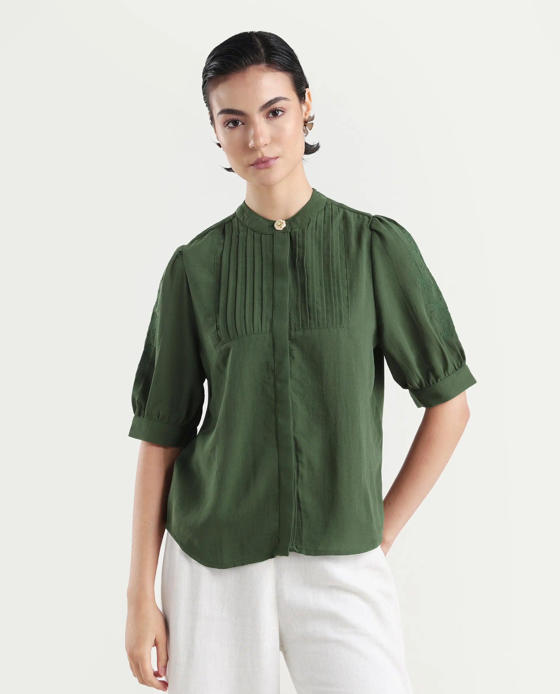 Rareism Women's Onit Olive Polyester Mandarin Collar Plain Bishop Sleeve Regular Fit Top