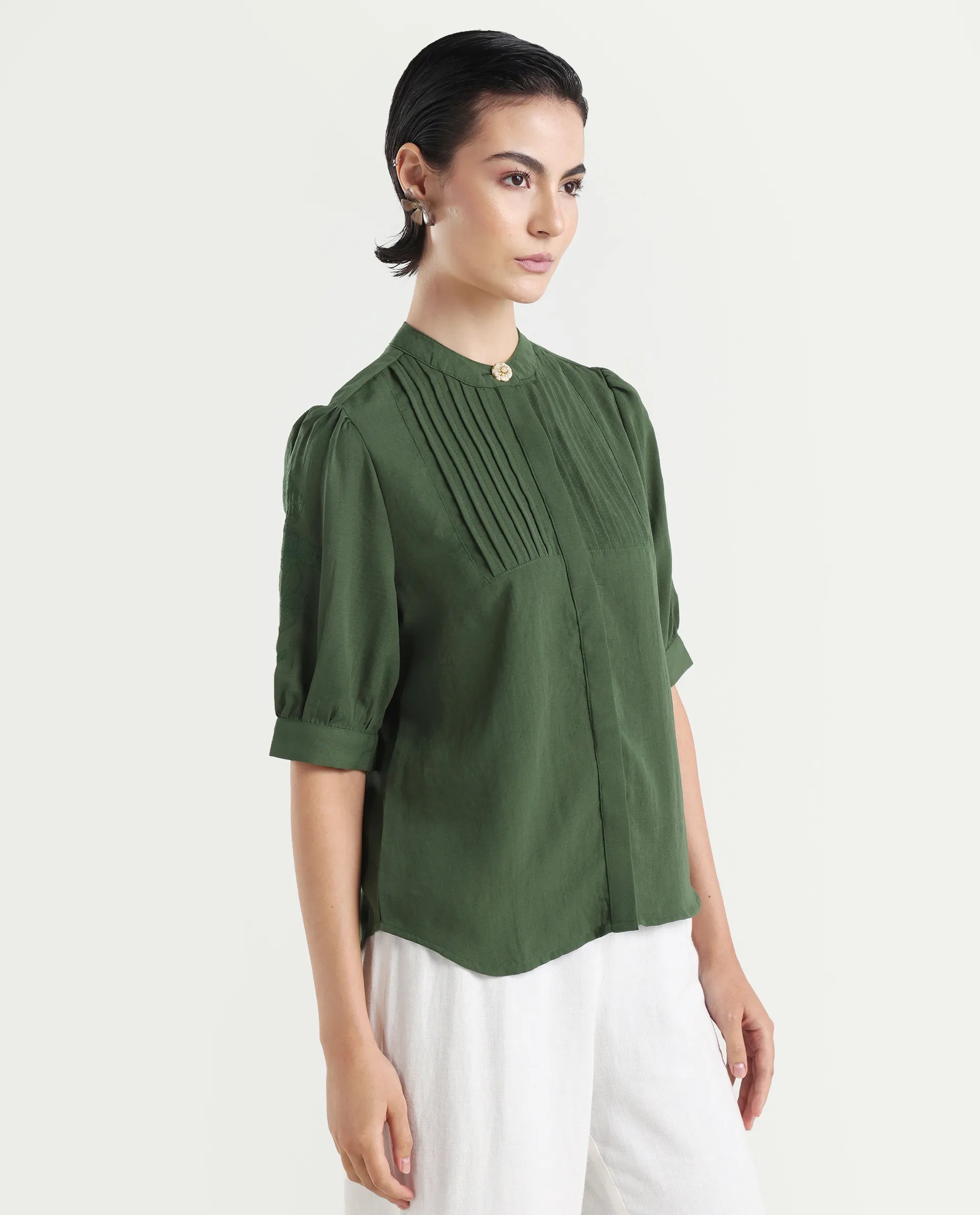 Rareism Women's Onit Olive Polyester Mandarin Collar Plain Bishop Sleeve Regular Fit Top