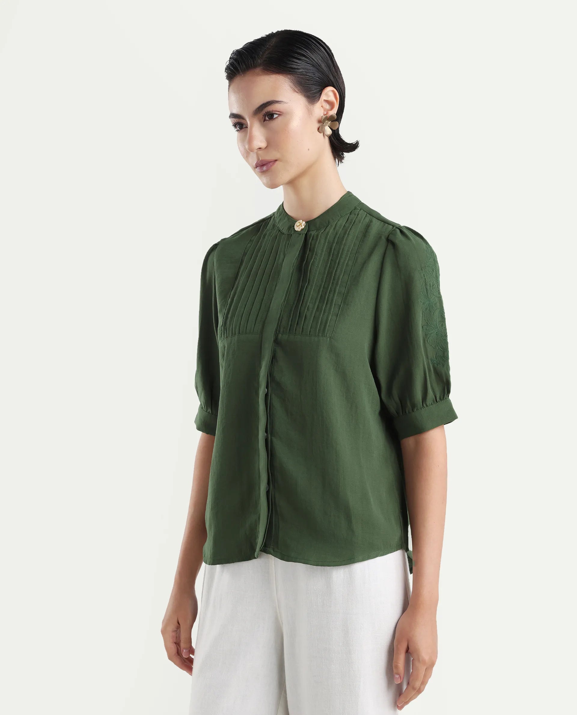 Rareism Women's Onit Olive Polyester Mandarin Collar Plain Bishop Sleeve Regular Fit Top