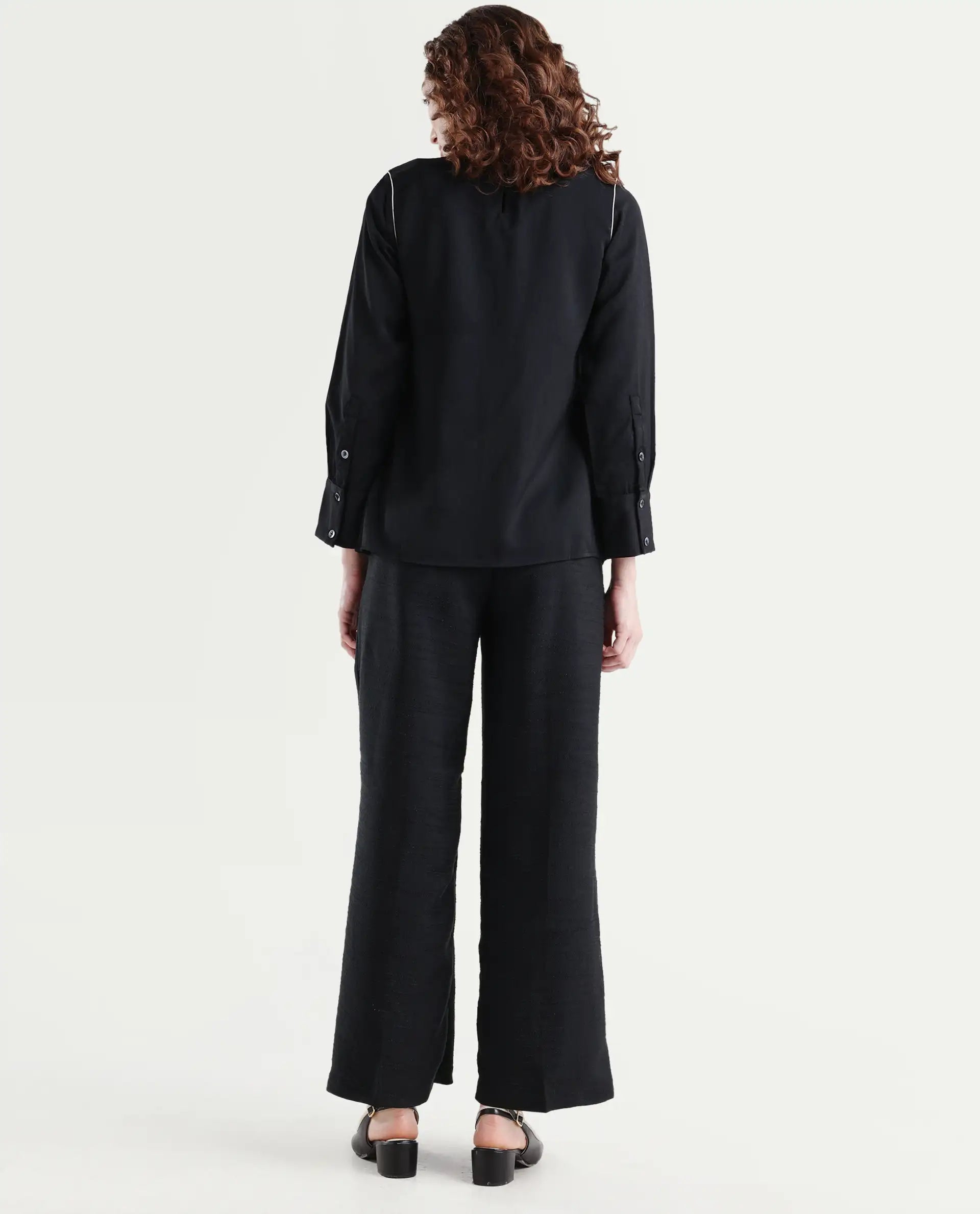 Rareism Women's Pidet-B-Black Satin Plain Ankle Length Wide Trouser