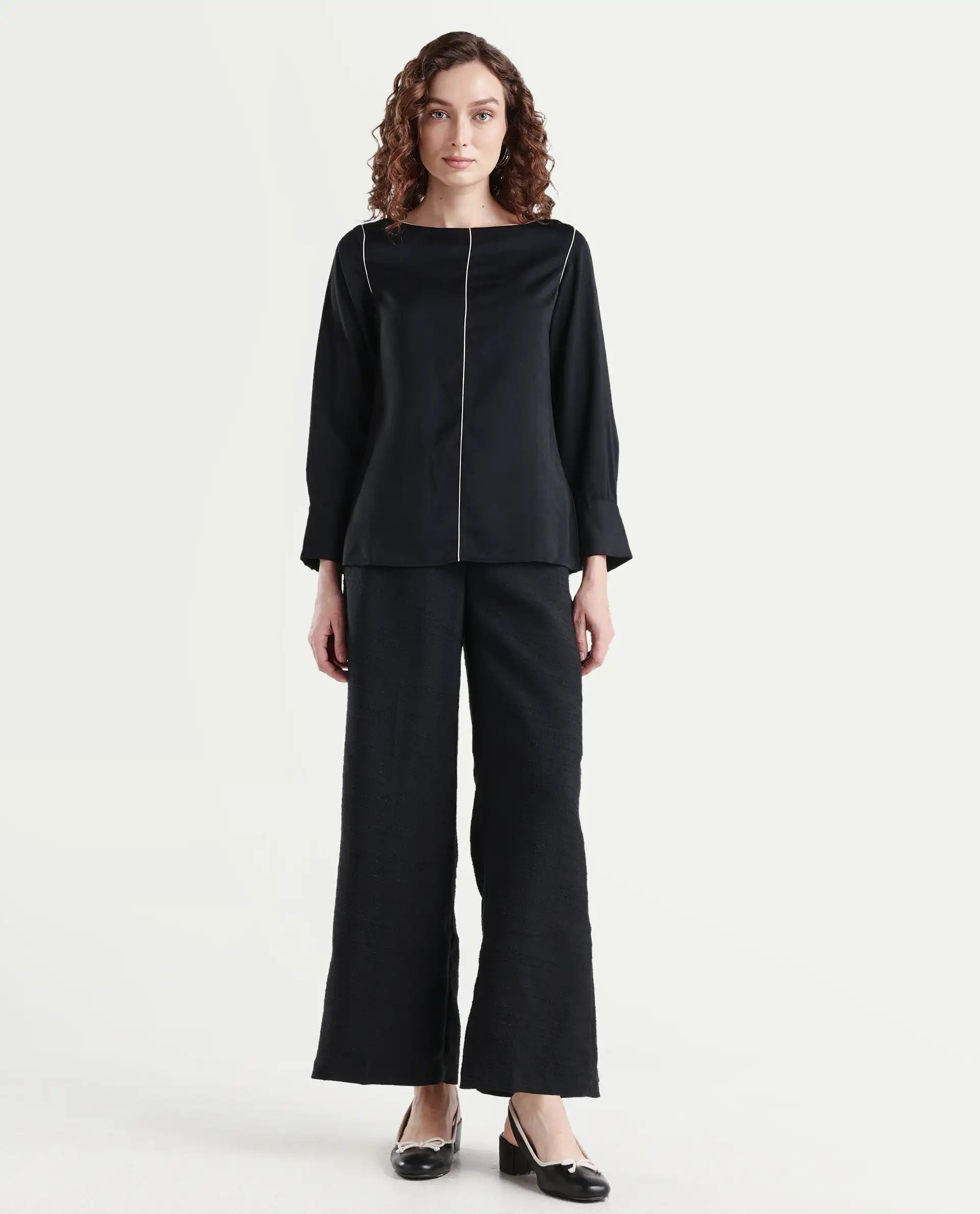 Rareism Women's Pidet-B-Black Satin Plain Ankle Length Wide Trouser
