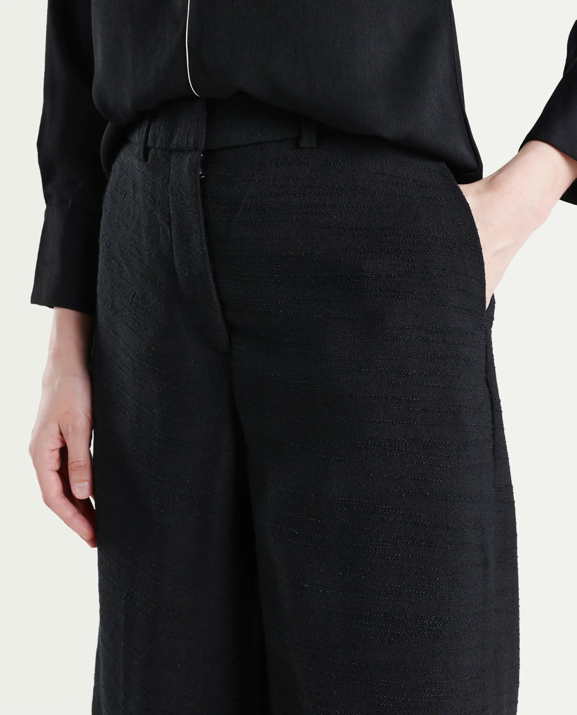 Rareism Women's Pidet-B-Black Satin Plain Ankle Length Wide Trouser