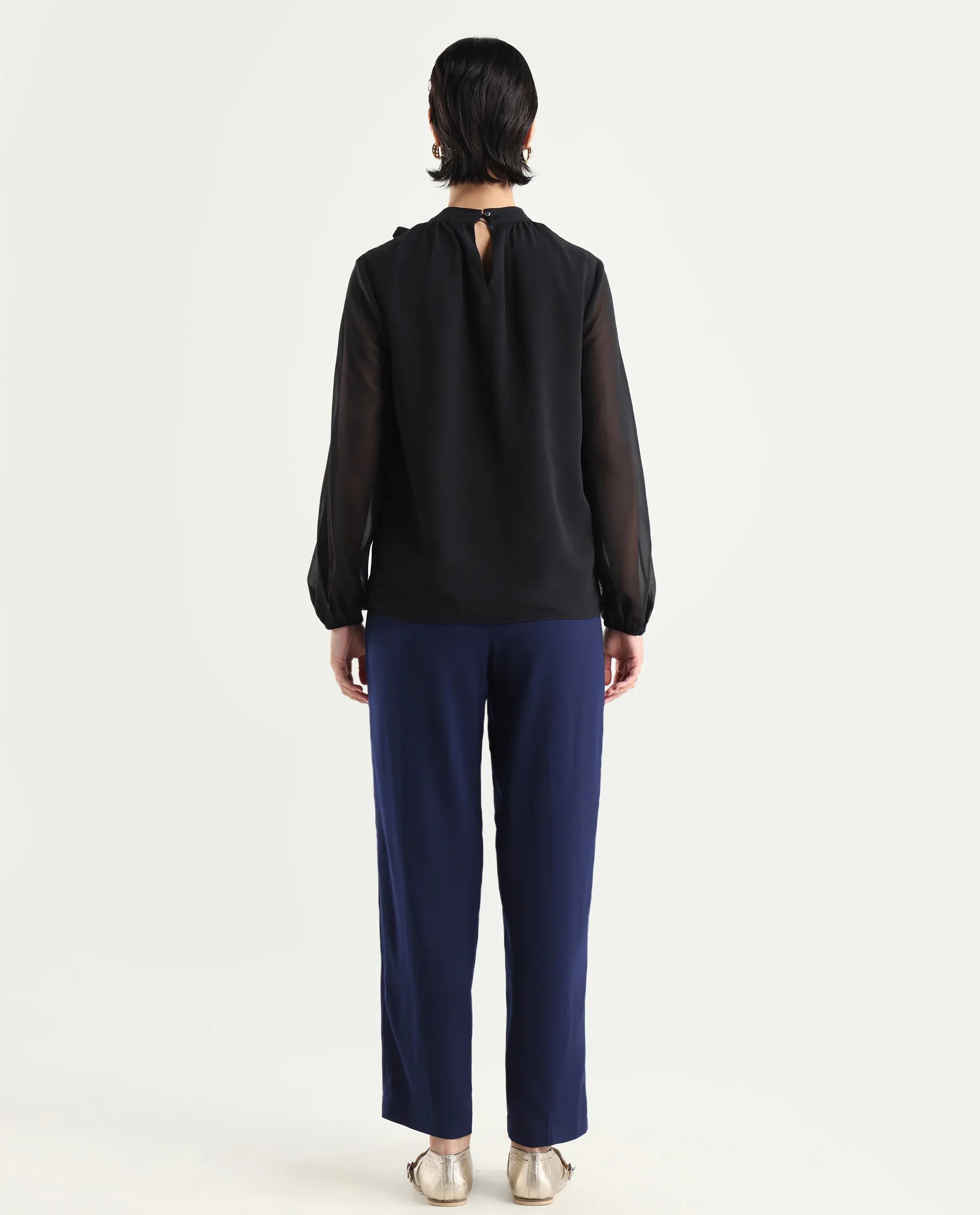 Rareism Women's Skrein Navy Polyester Blend Plain Ankle Length Straight Fit Trouser