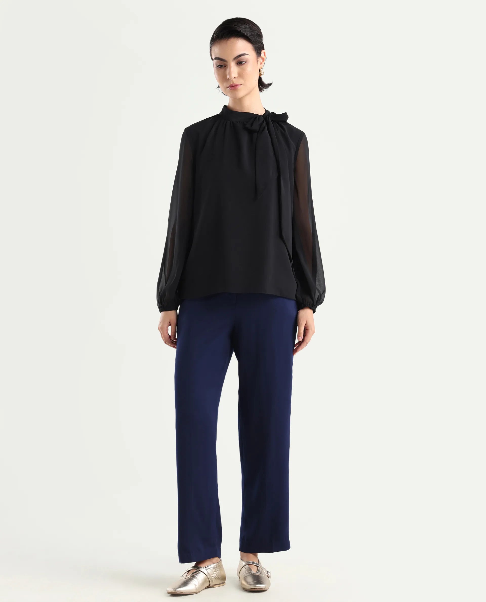 Rareism Women's Skrein Navy Polyester Blend Plain Ankle Length Straight Fit Trouser