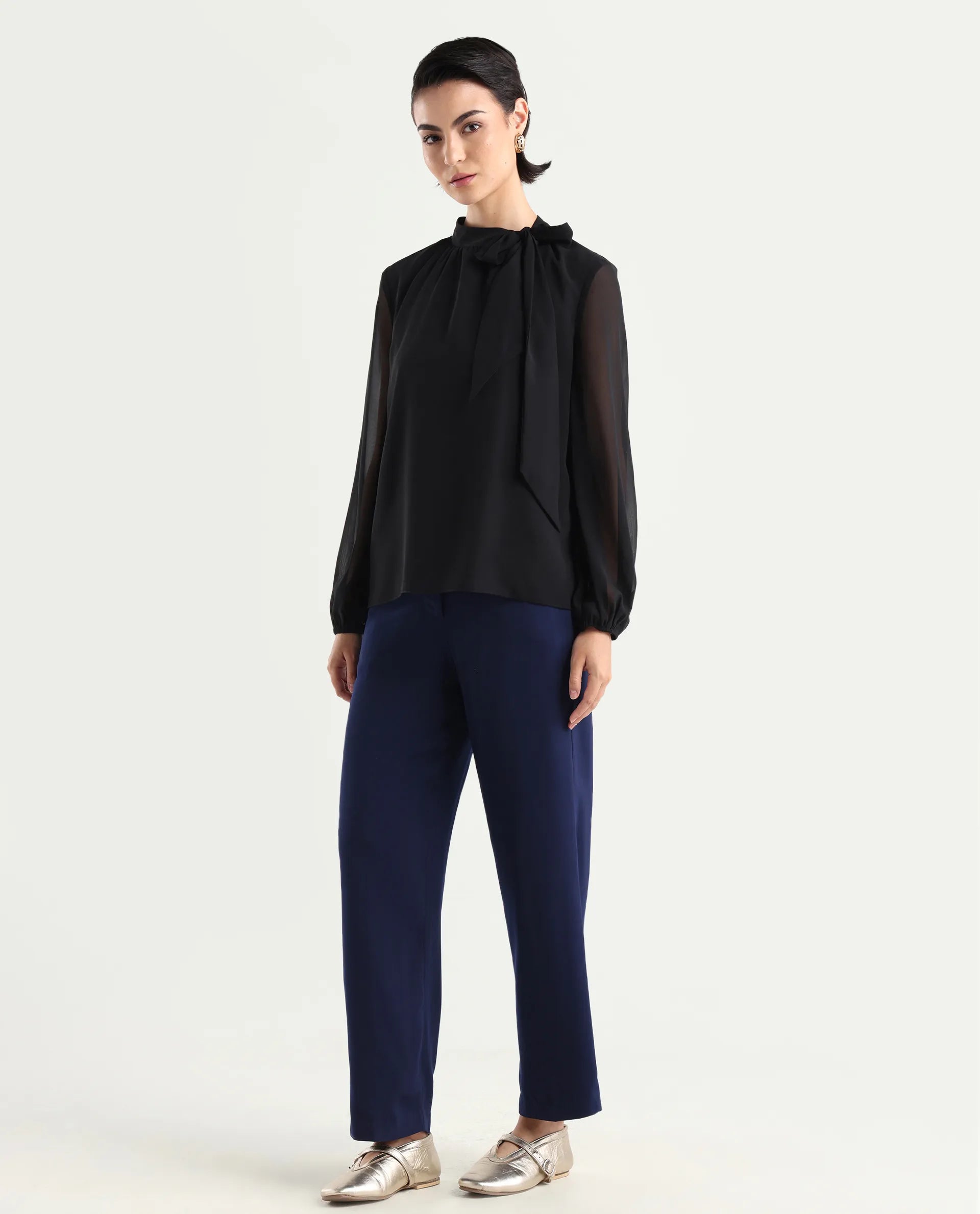 Rareism Women's Skrein Navy Polyester Blend Plain Ankle Length Straight Fit Trouser