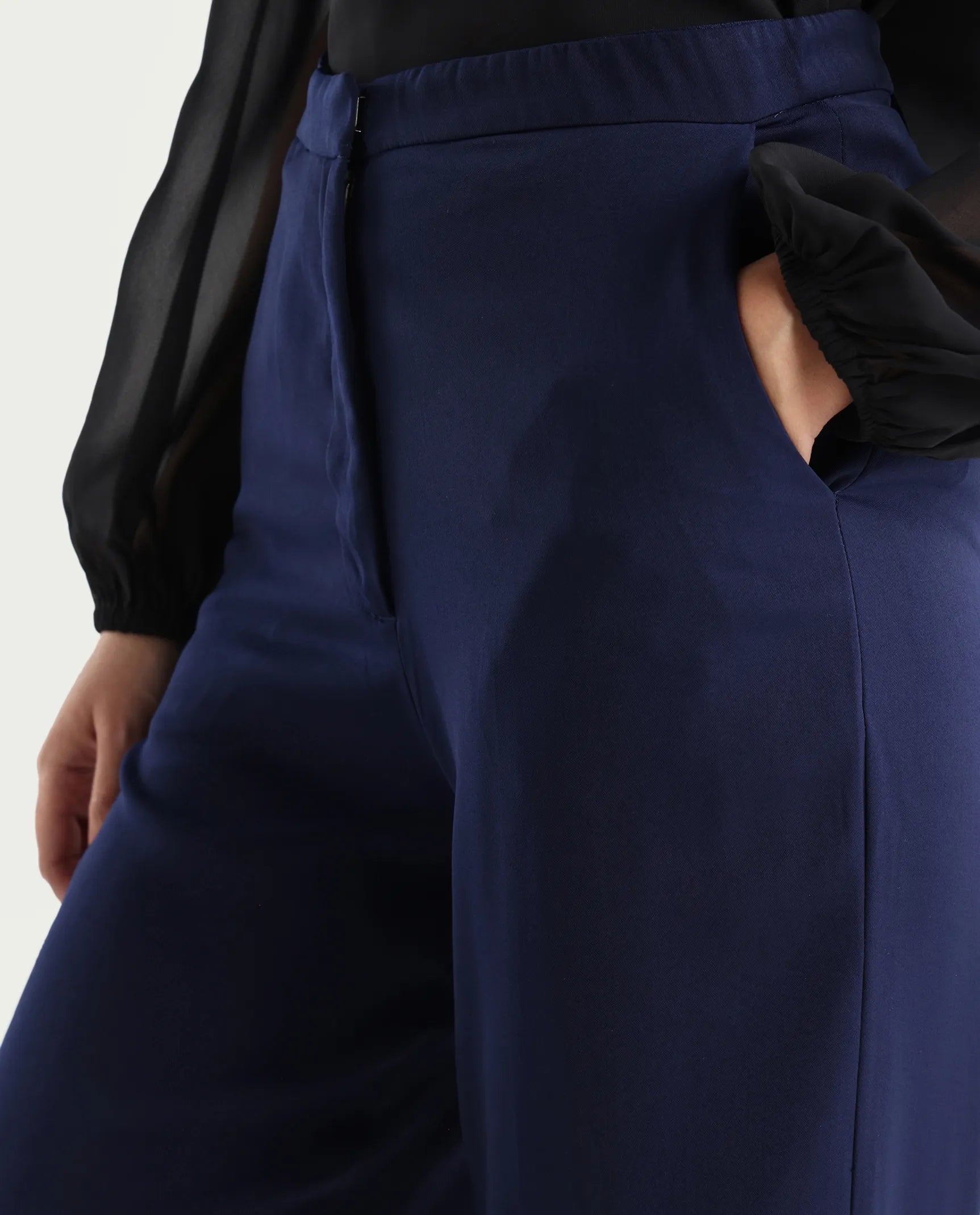 Rareism Women's Skrein Navy Polyester Blend Plain Ankle Length Straight Fit Trouser