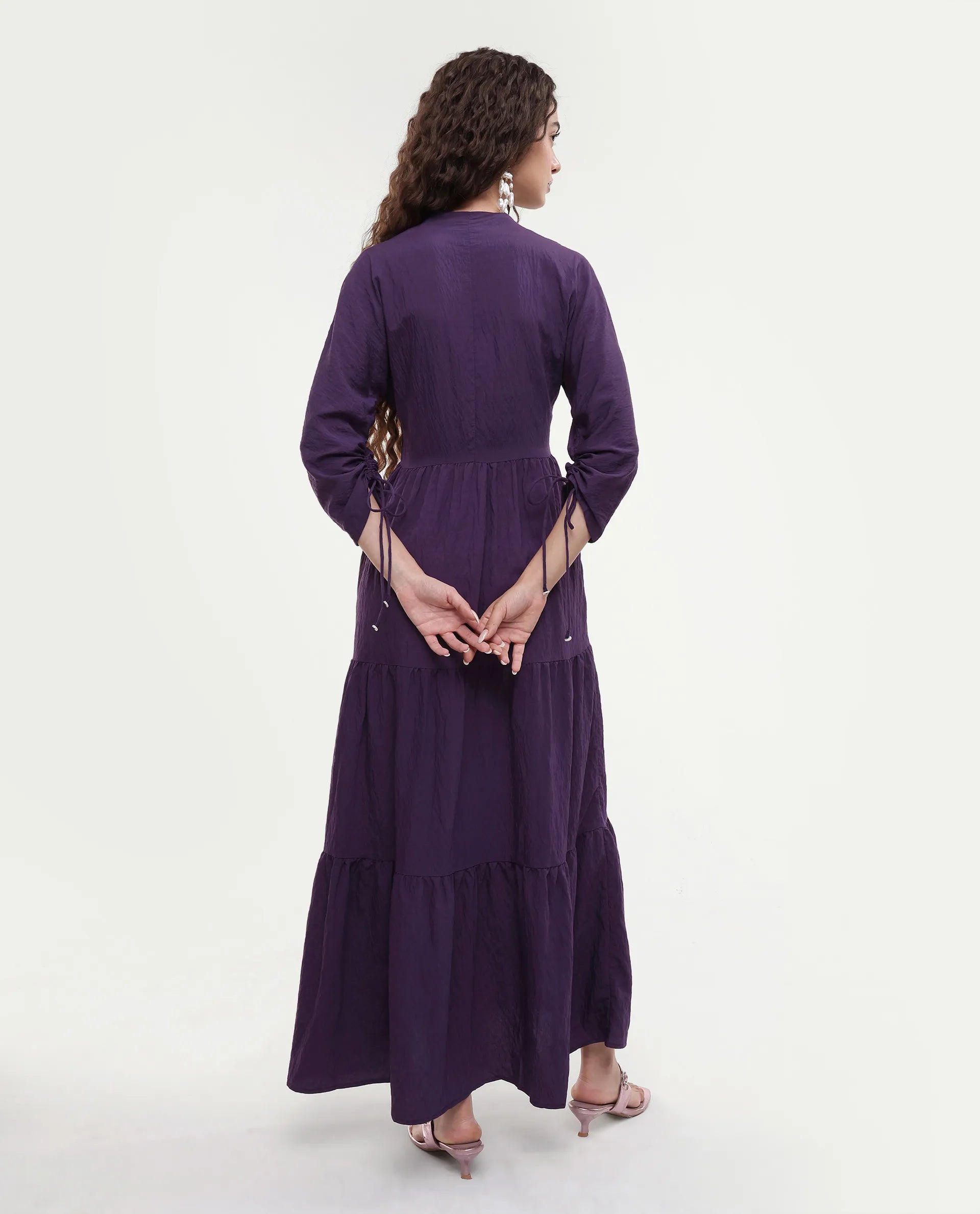 Rareism Women's Quroti Purple Nylon Blend Built-Up Neck Plain Kimono Sleeve Maxi Fit And Flare Dress