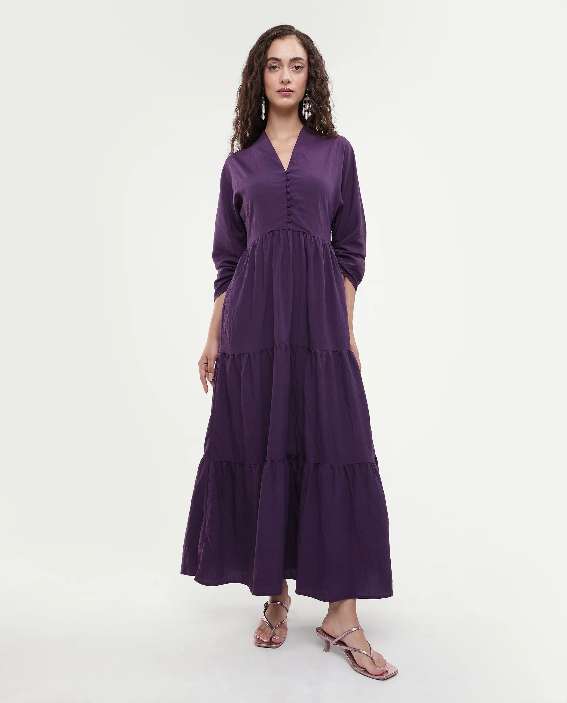 Rareism Women's Quroti Purple Nylon Blend Built-Up Neck Plain Kimono Sleeve Maxi Fit And Flare Dress