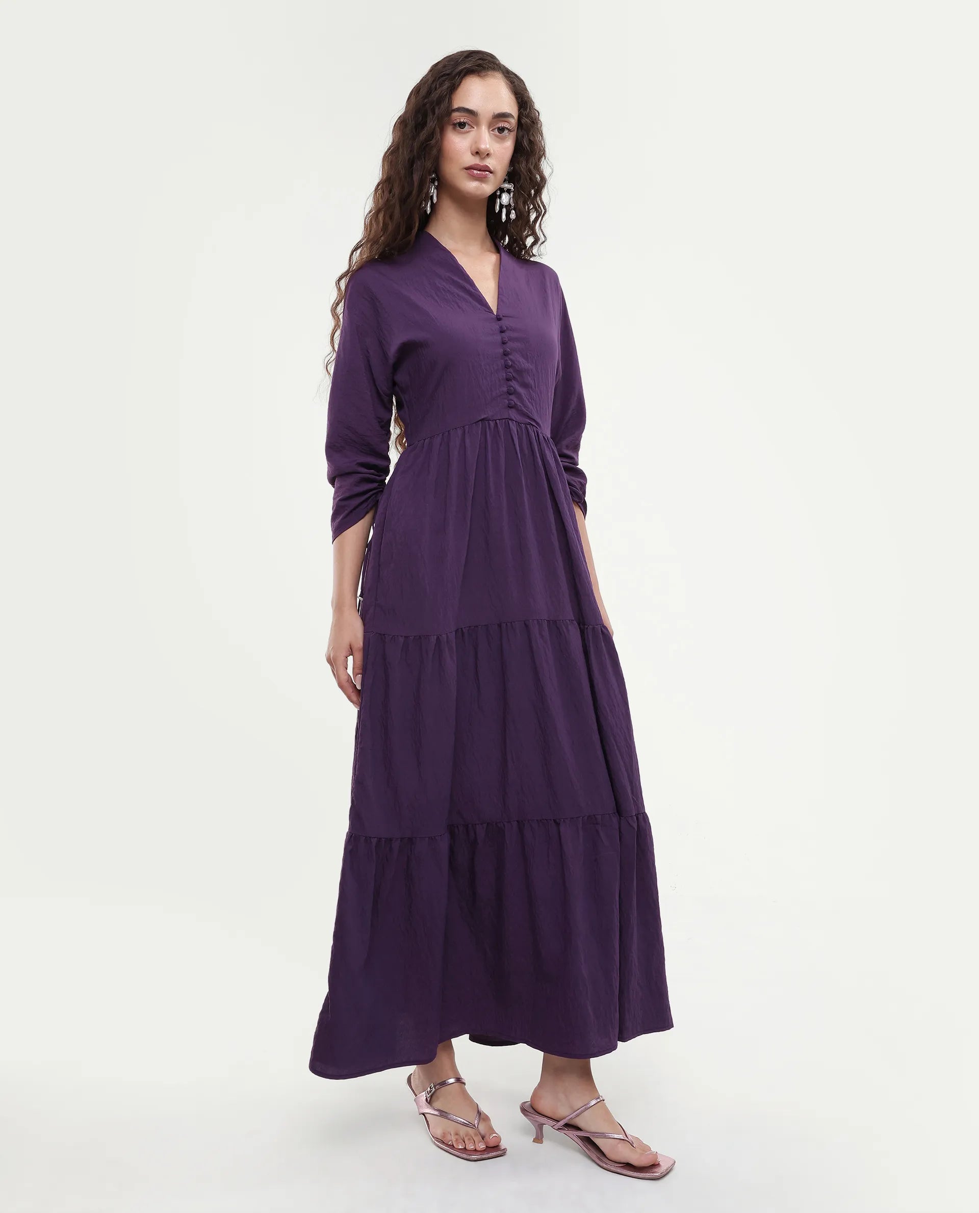 Rareism Women's Quroti Purple Nylon Blend Built-Up Neck Plain Kimono Sleeve Maxi Fit And Flare Dress