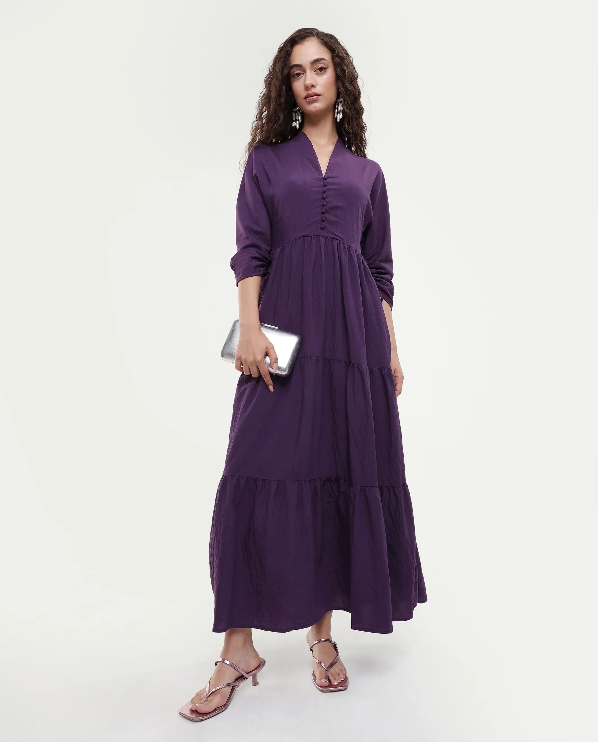 Rareism Women's Quroti Purple Nylon Blend Built-Up Neck Plain Kimono Sleeve Maxi Fit And Flare Dress