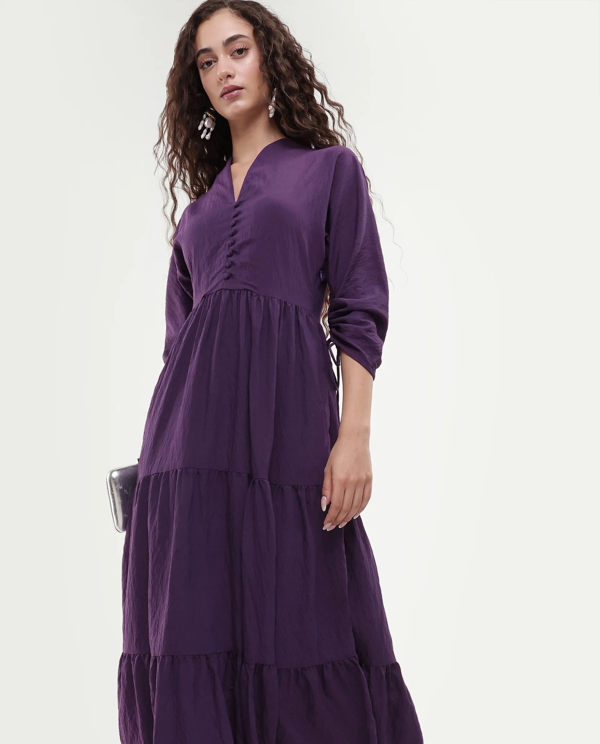 Rareism Women's Quroti Purple Nylon Blend Built-Up Neck Plain Kimono Sleeve Maxi Fit And Flare Dress