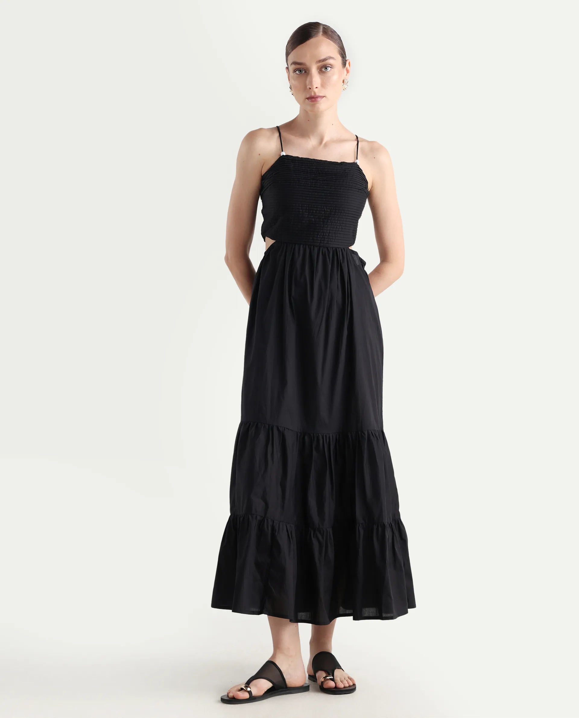 Rareism Women's Schor Black Cotton Shoulder Strap Plain Sleeveless Maxi Fit And Flare Dress