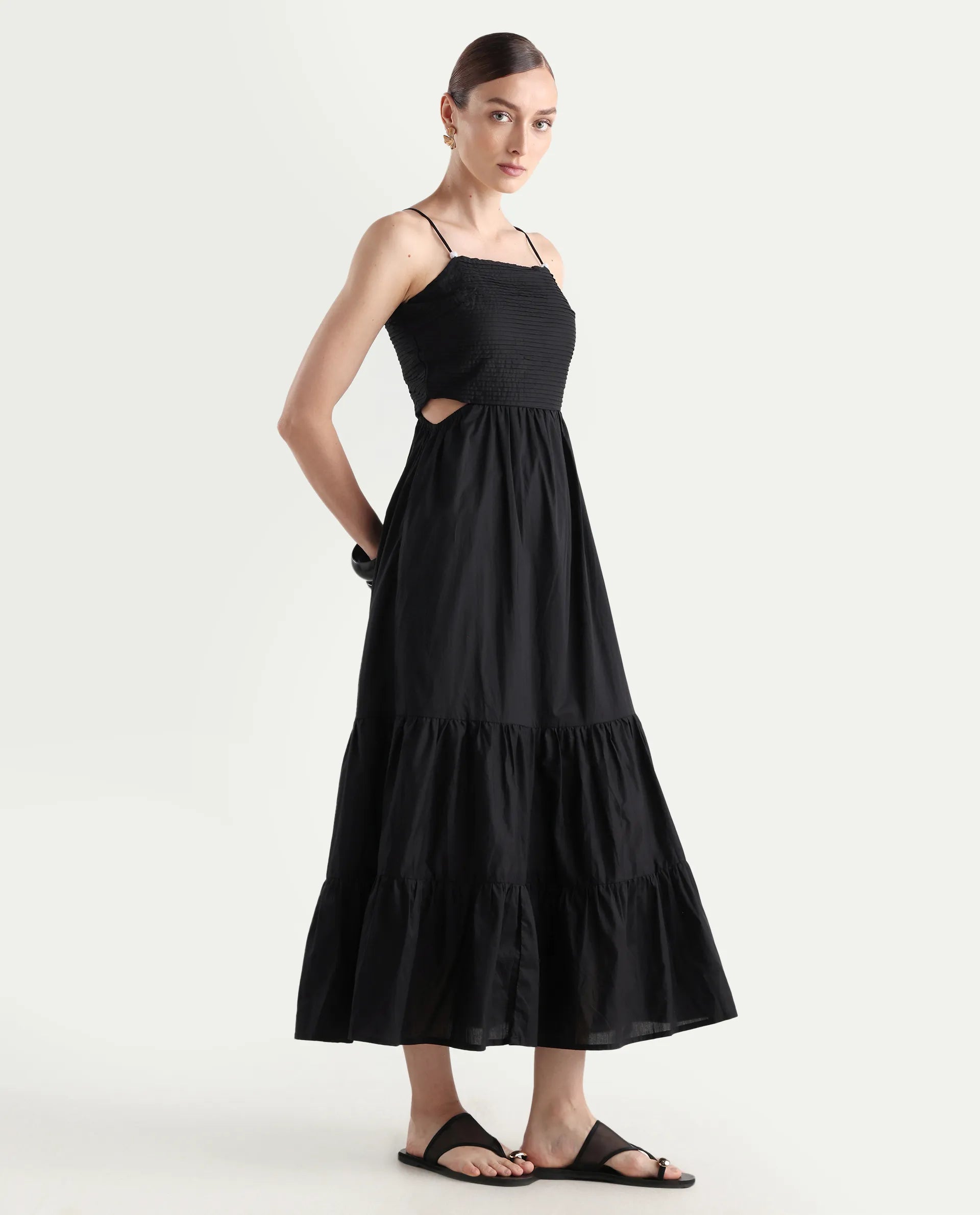 Rareism Women's Schor Black Cotton Shoulder Strap Plain Sleeveless Maxi Fit And Flare Dress