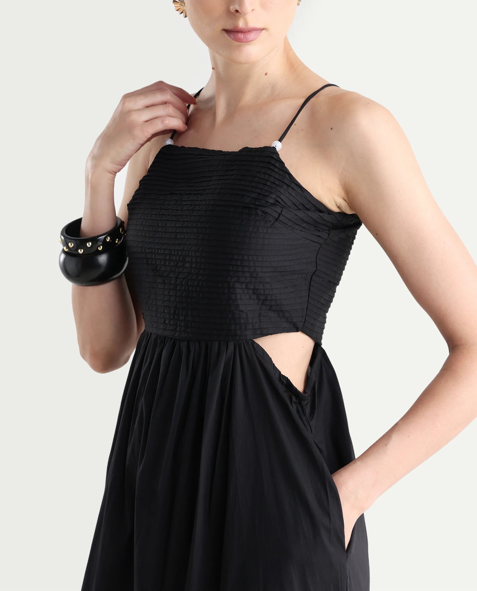 Rareism Women's Schor Black Cotton Shoulder Strap Plain Sleeveless Maxi Fit And Flare Dress