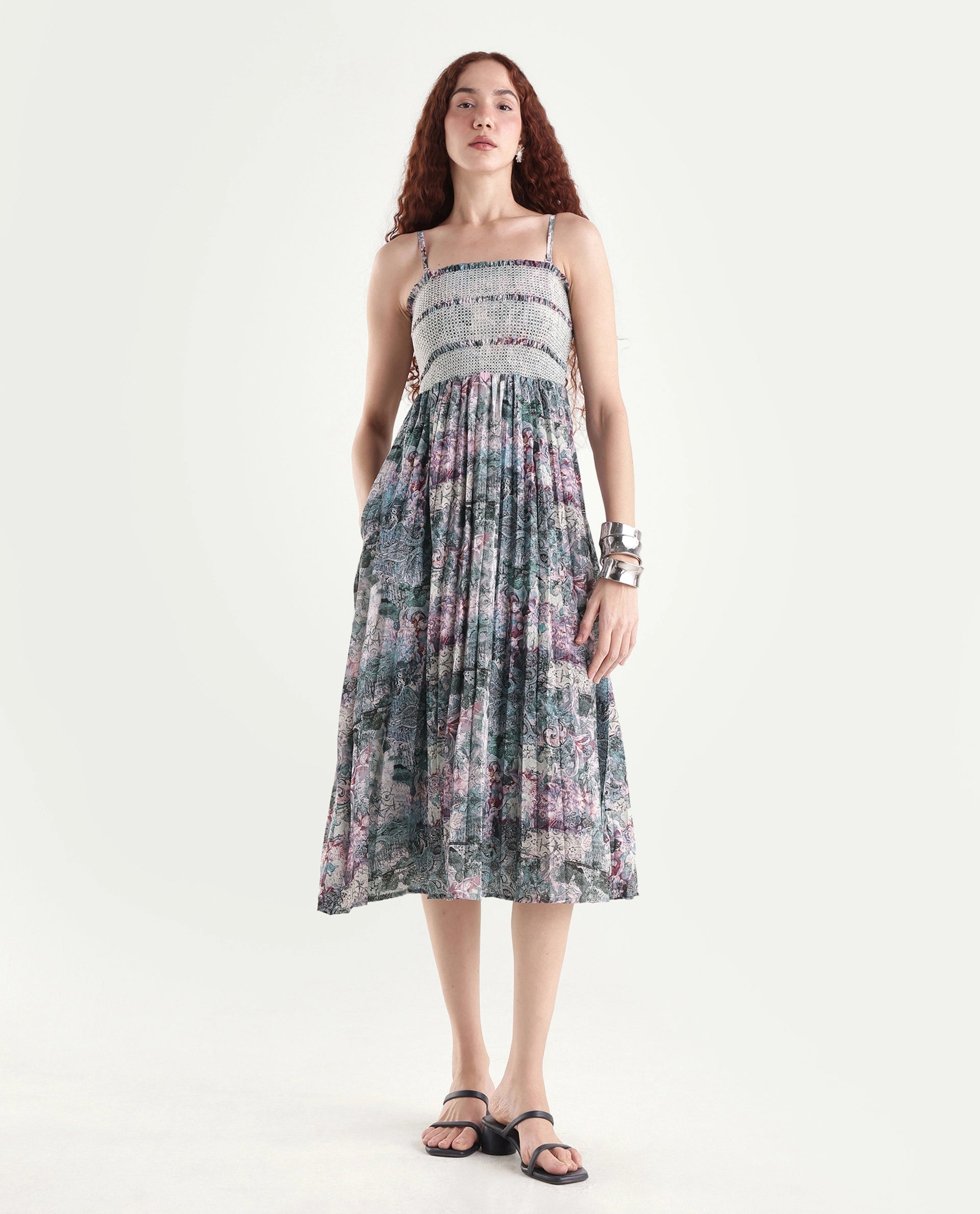 Rareism Women's Phanks Multi Polyester Tube Neck Abstract Print Sleeveless Midi Fit And Flare Dress