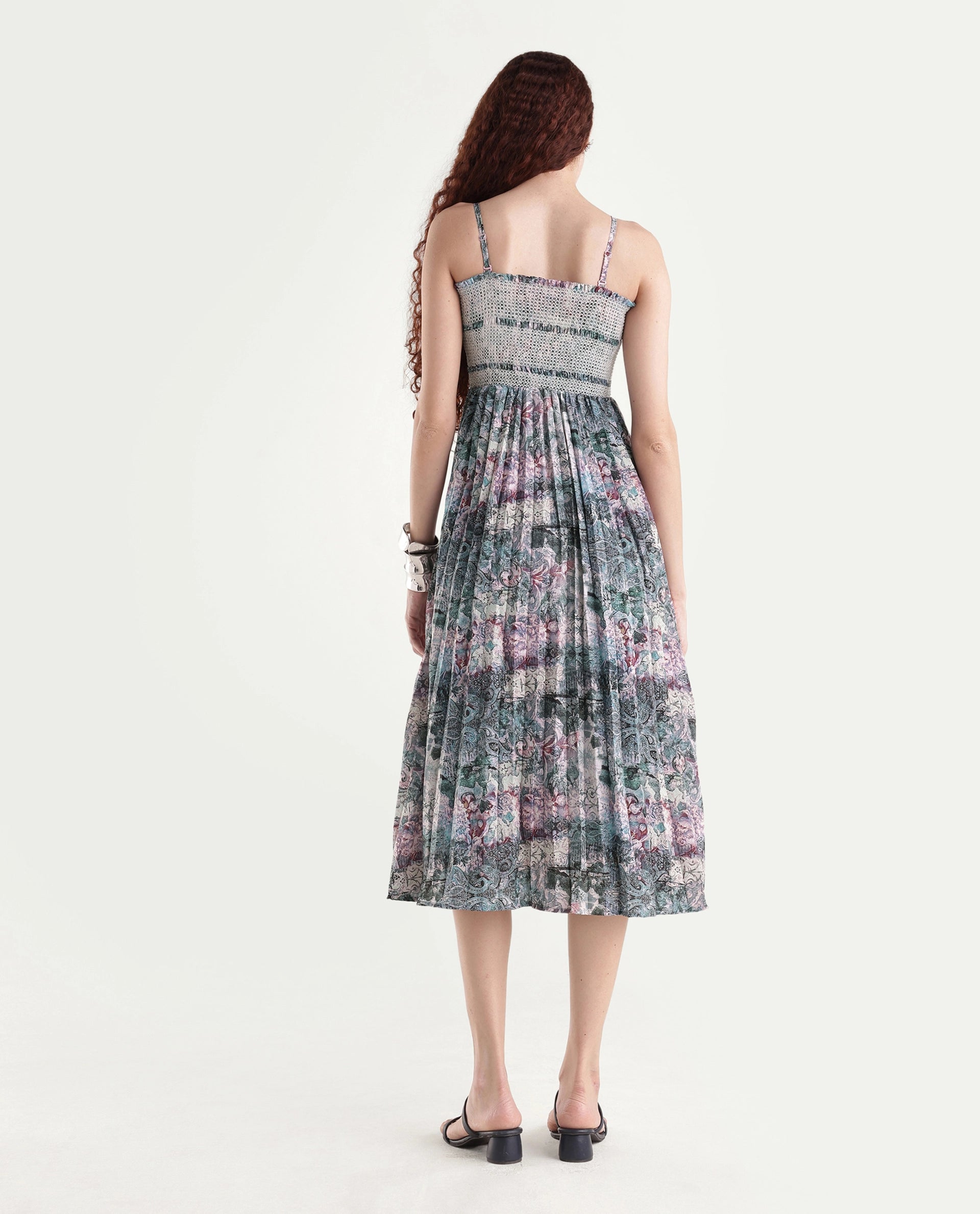 Rareism Women's Phanks Multi Polyester Tube Neck Abstract Print Sleeveless Midi Fit And Flare Dress