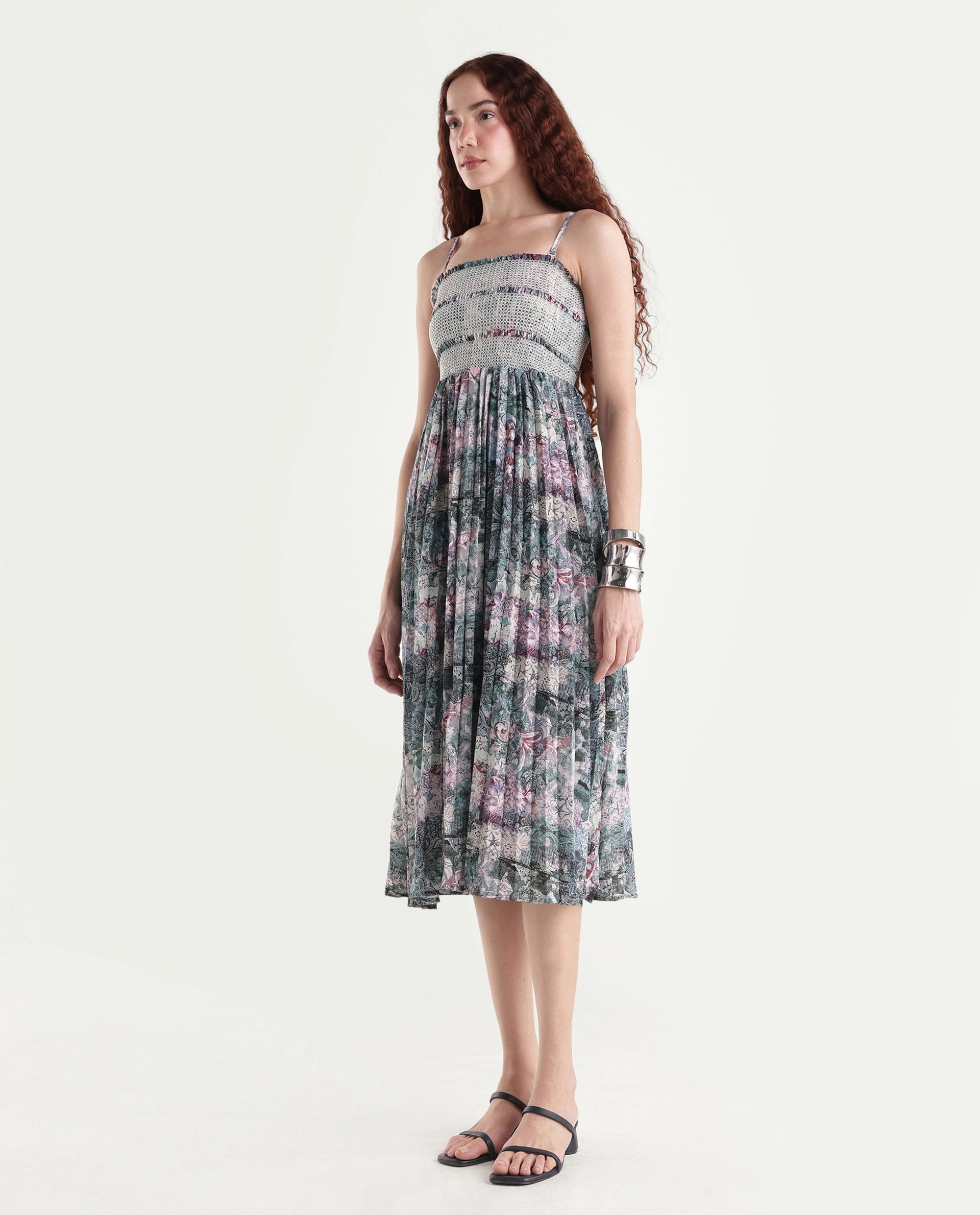 Rareism Women's Phanks Multi Polyester Tube Neck Abstract Print Sleeveless Midi Fit And Flare Dress