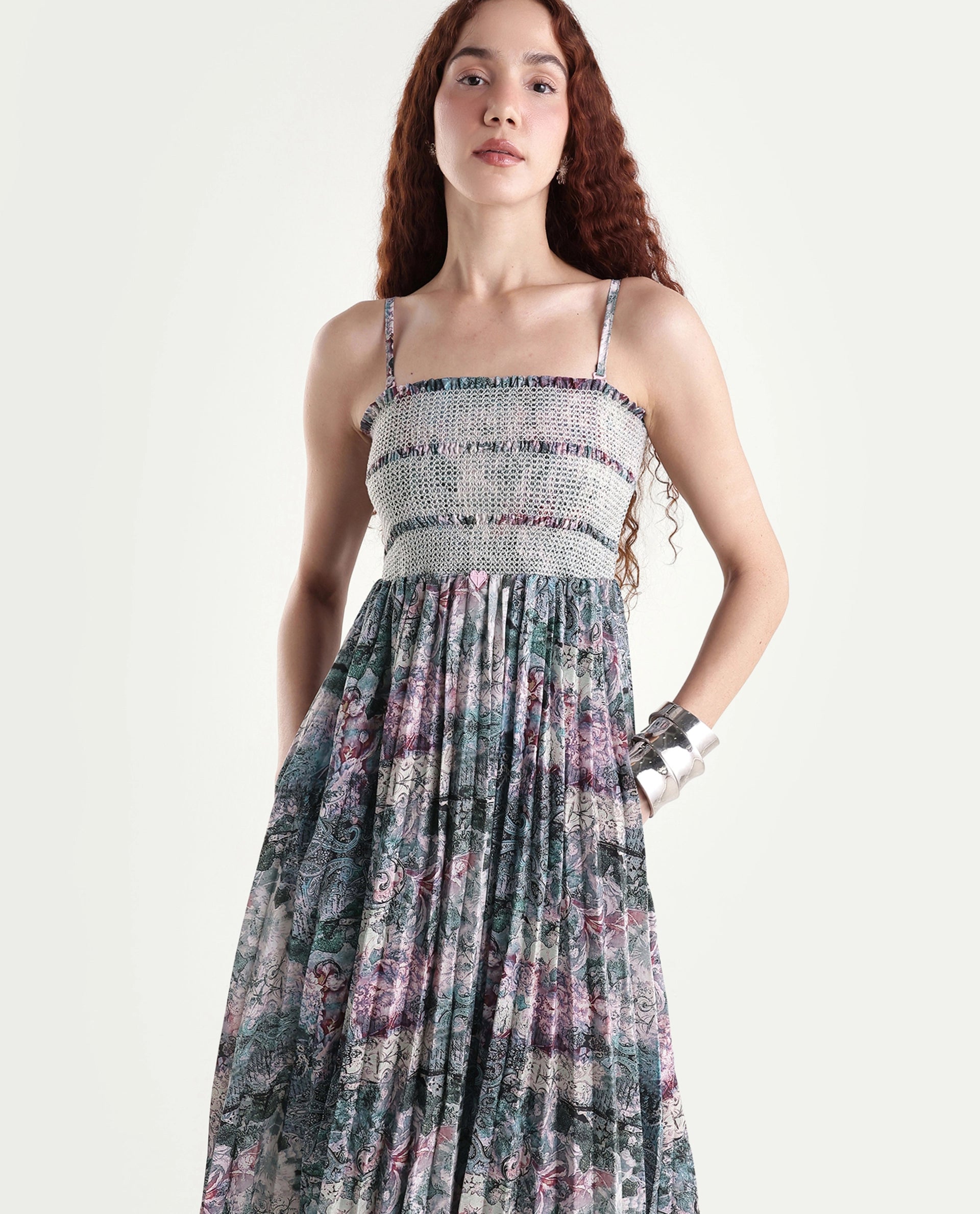 Rareism Women's Phanks Multi Polyester Tube Neck Abstract Print Sleeveless Midi Fit And Flare Dress