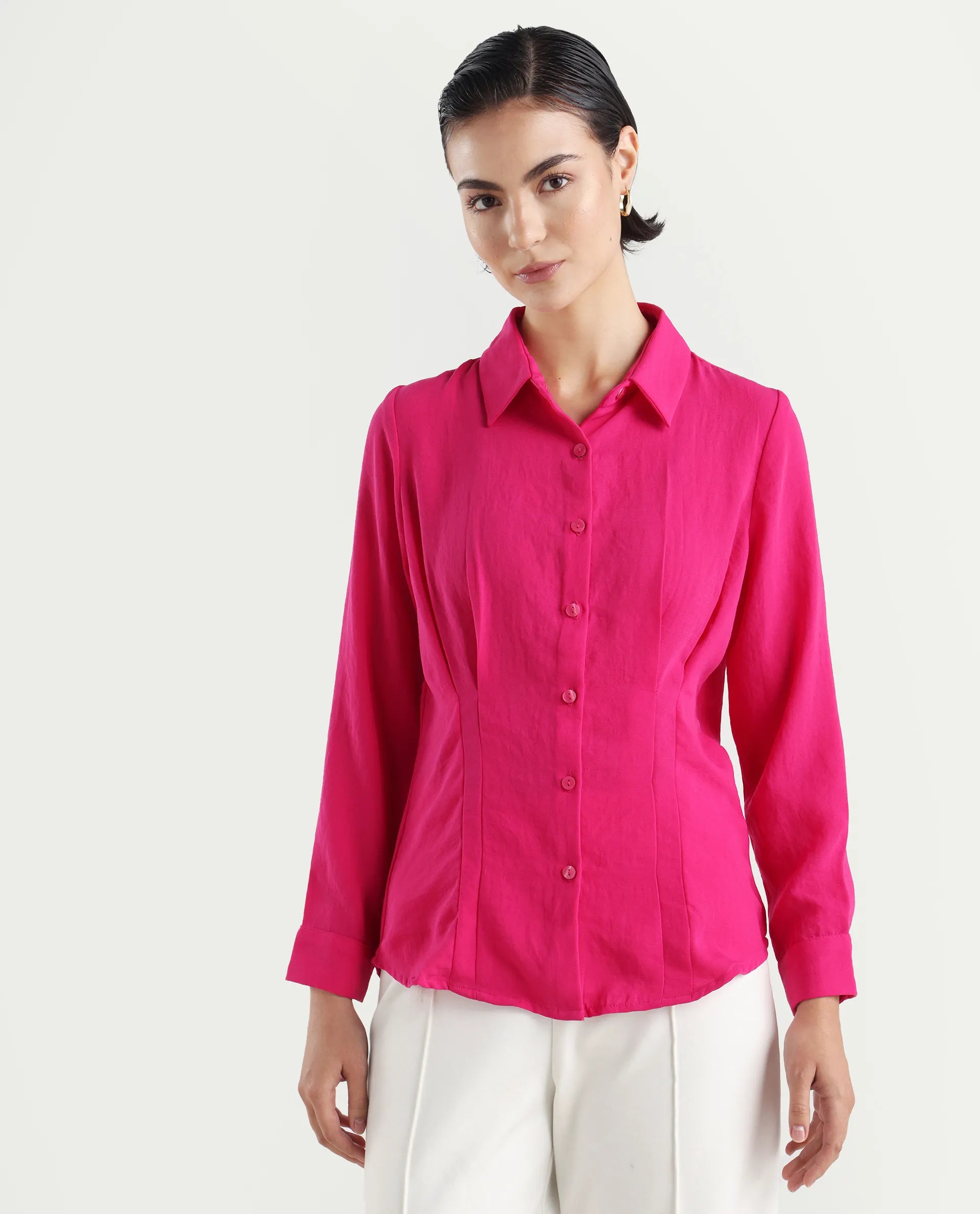 Rareism Women's Mersin Pink Polyester Spread Collar Plain Cuffed Sleeve Regular Fit Top