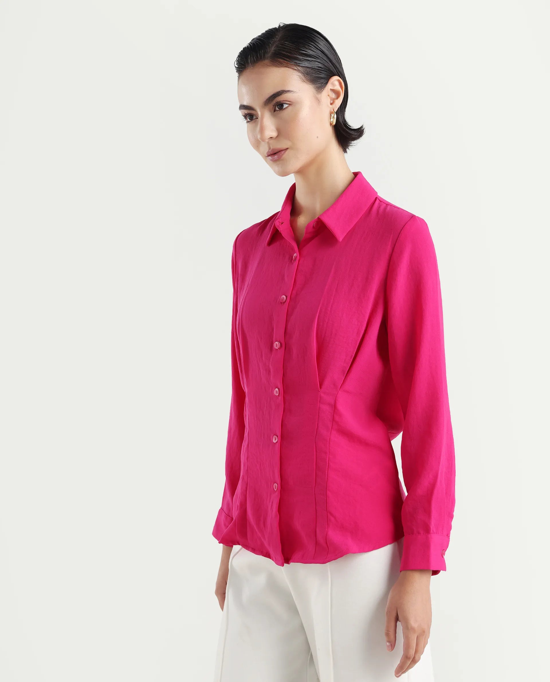 Rareism Women's Mersin Pink Polyester Spread Collar Plain Cuffed Sleeve Regular Fit Top