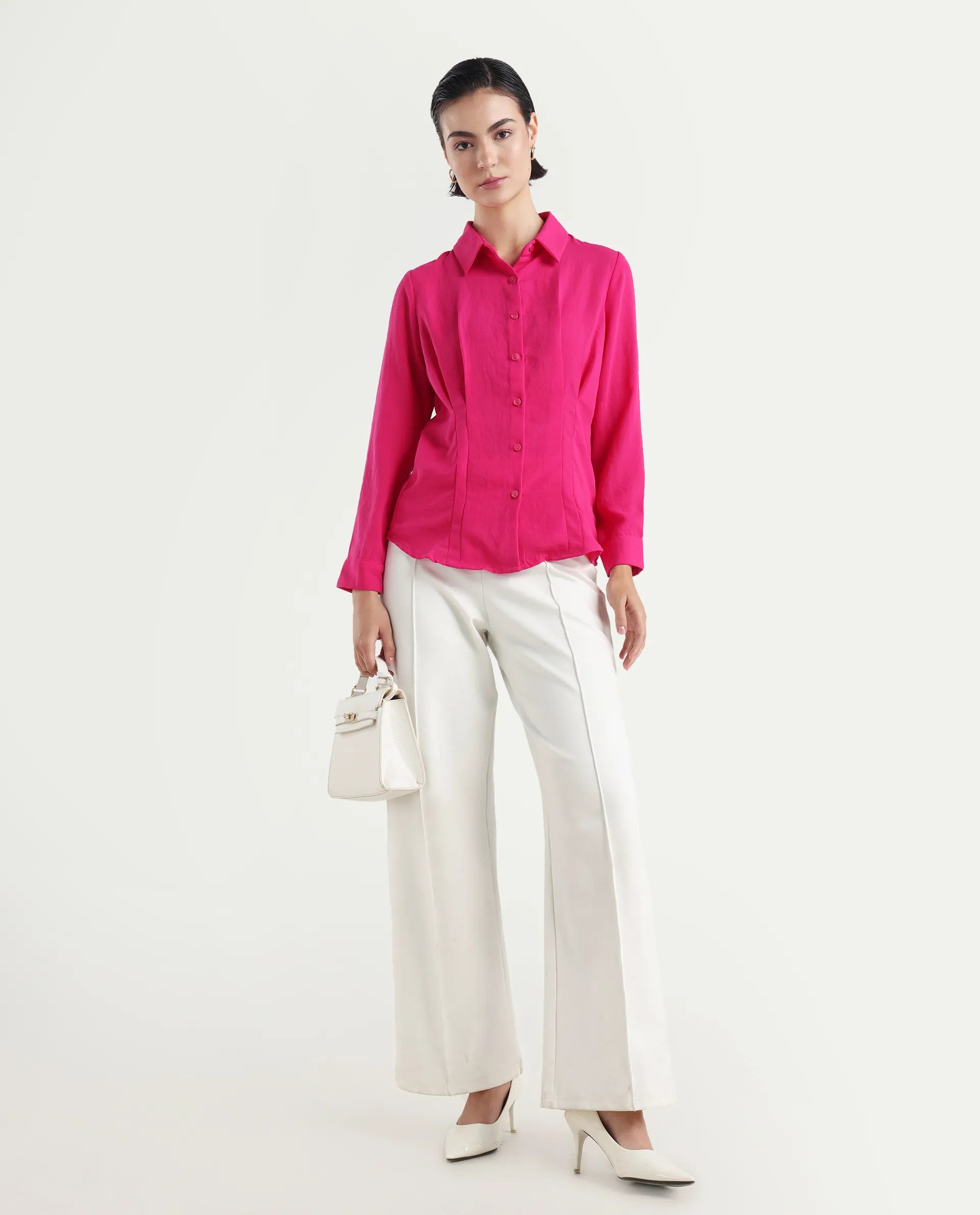 Rareism Women's Mersin Pink Polyester Spread Collar Plain Cuffed Sleeve Regular Fit Top