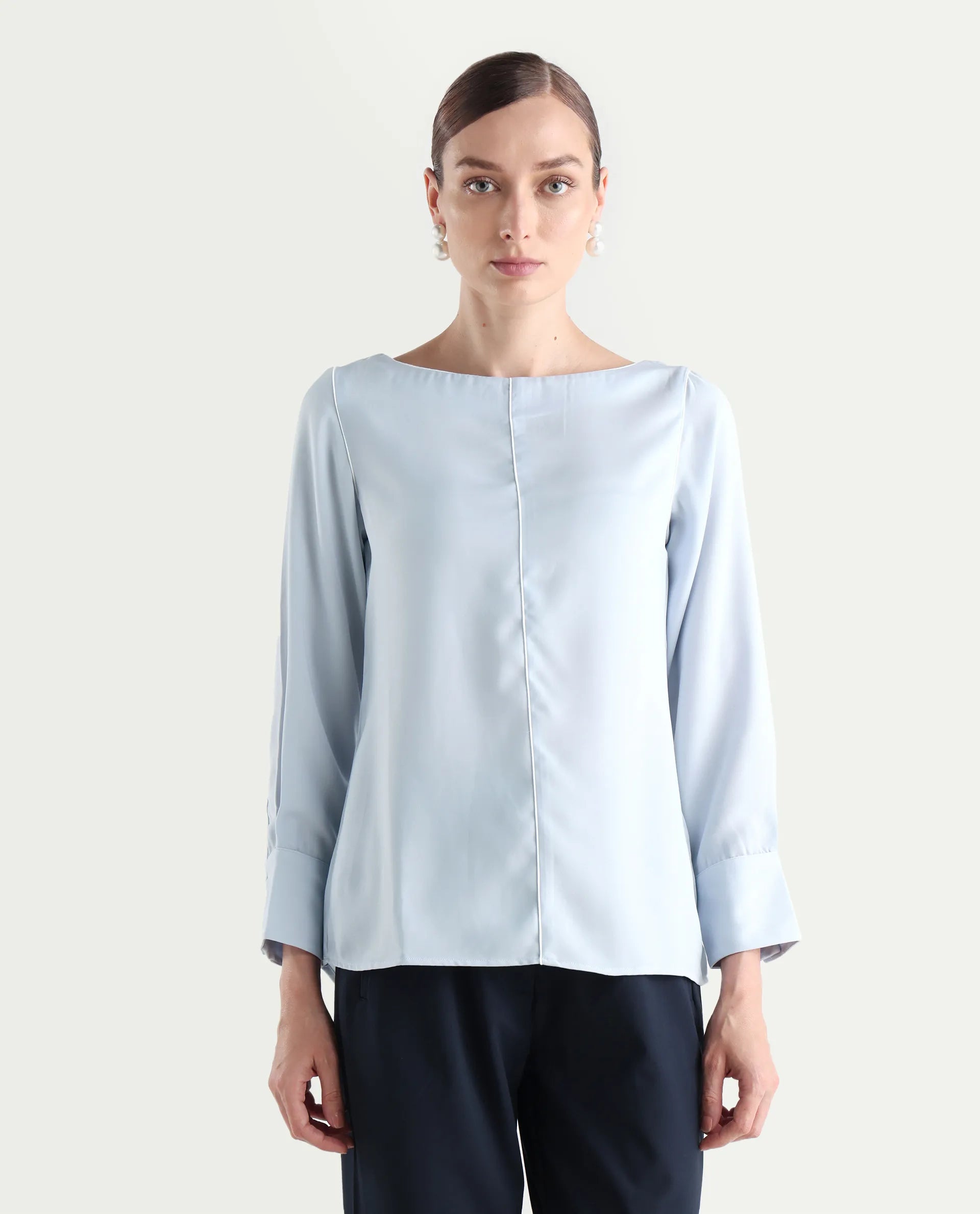 Rareism Women's Pidet Blue Satin Boat Neck Plain Cuffed Sleeve Regular Fit Top