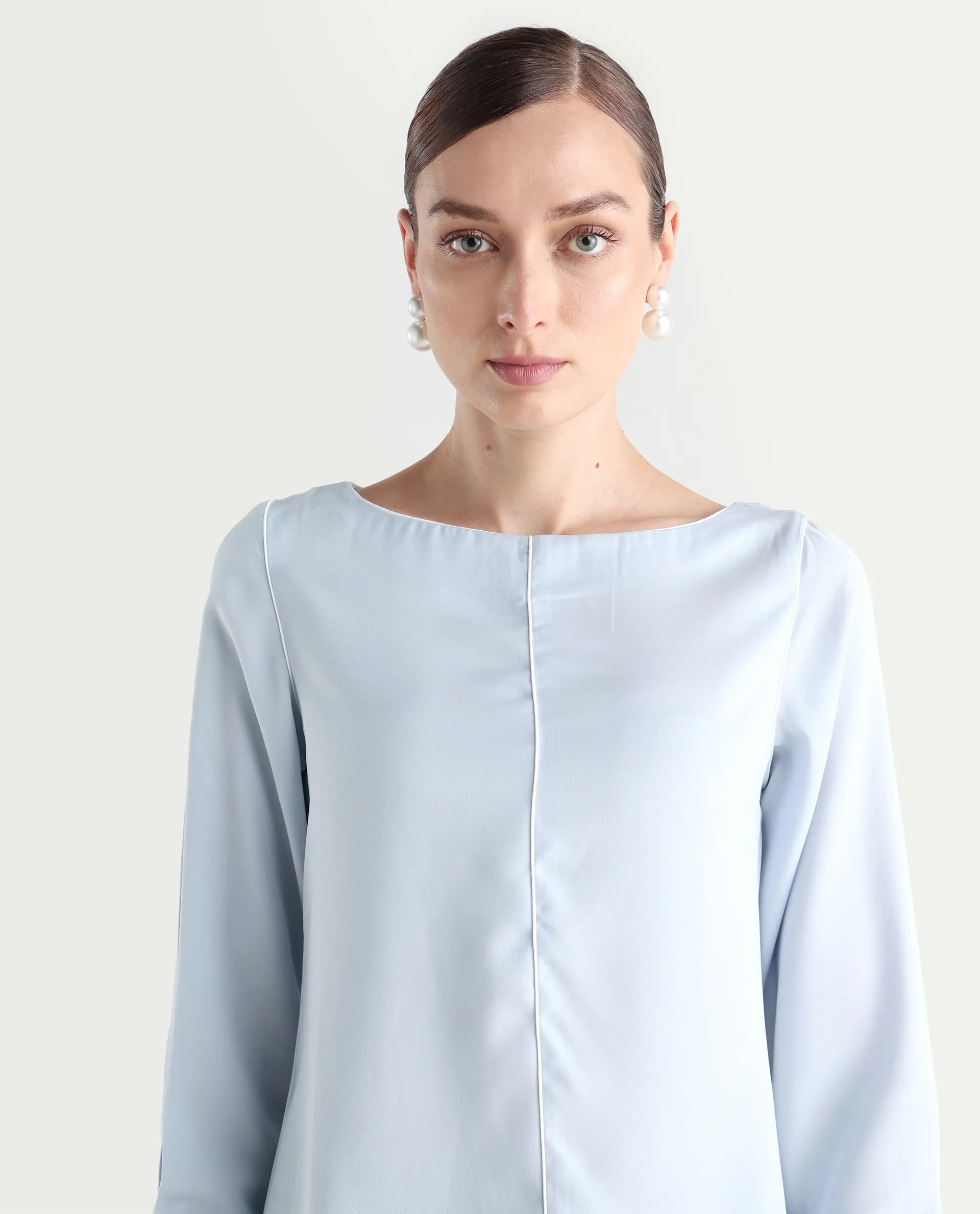 Rareism Women's Pidet Blue Satin Boat Neck Plain Cuffed Sleeve Regular Fit Top
