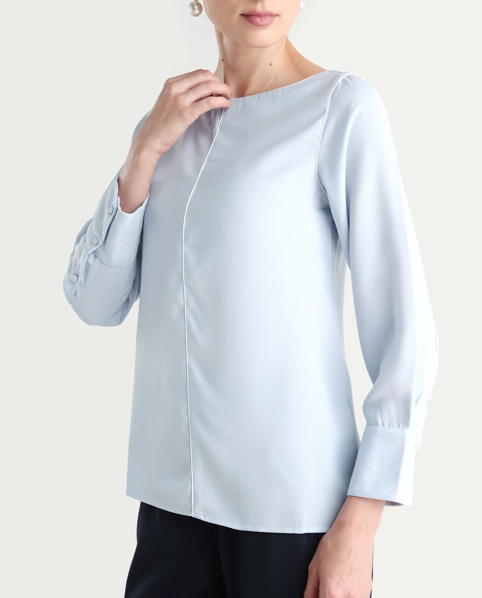 Rareism Women's Pidet Blue Satin Boat Neck Plain Cuffed Sleeve Regular Fit Top