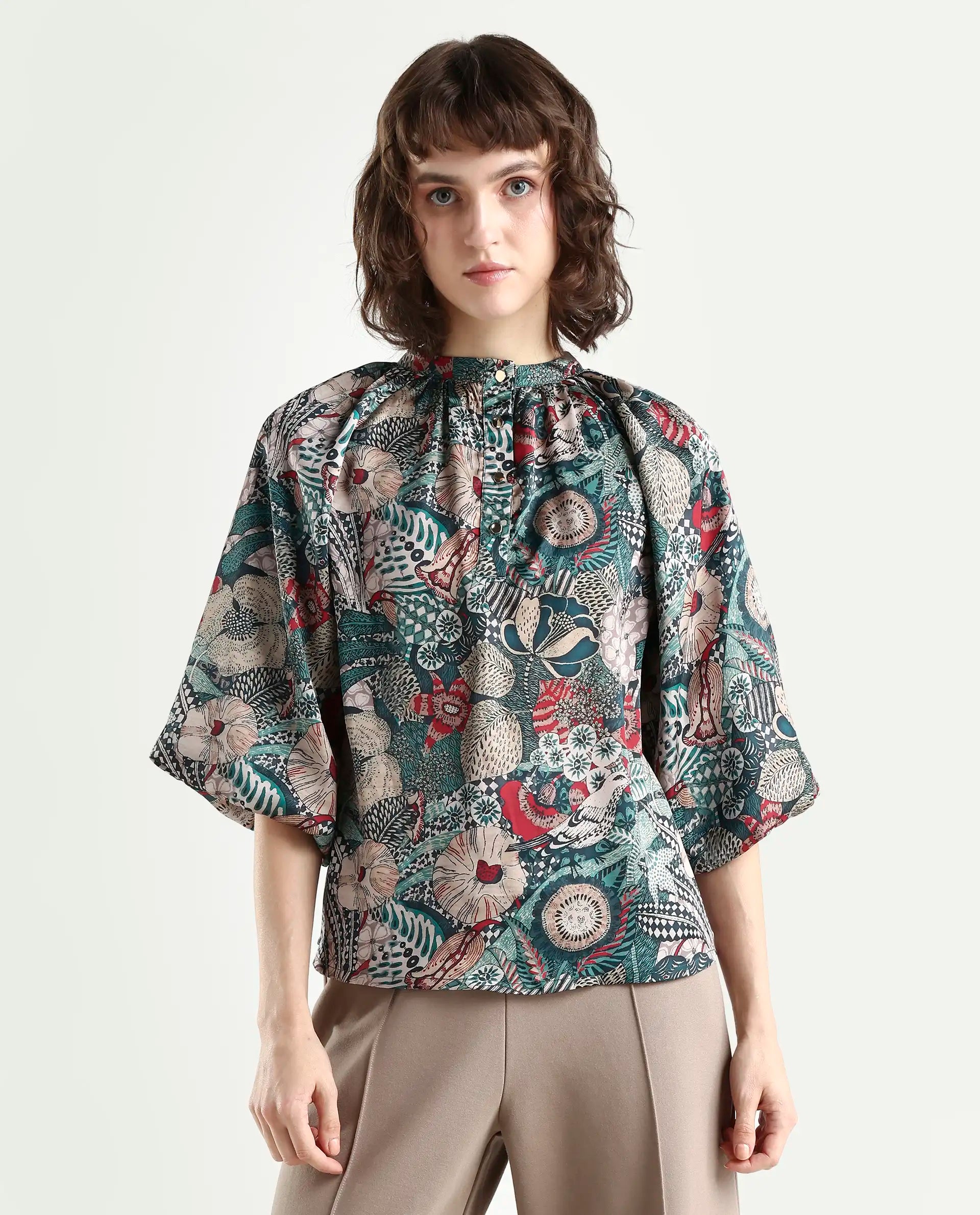 Rareism Women's Xito Multi Satin Mandarin Collar Abstract Print Raglan Sleeve Regular Fit Top