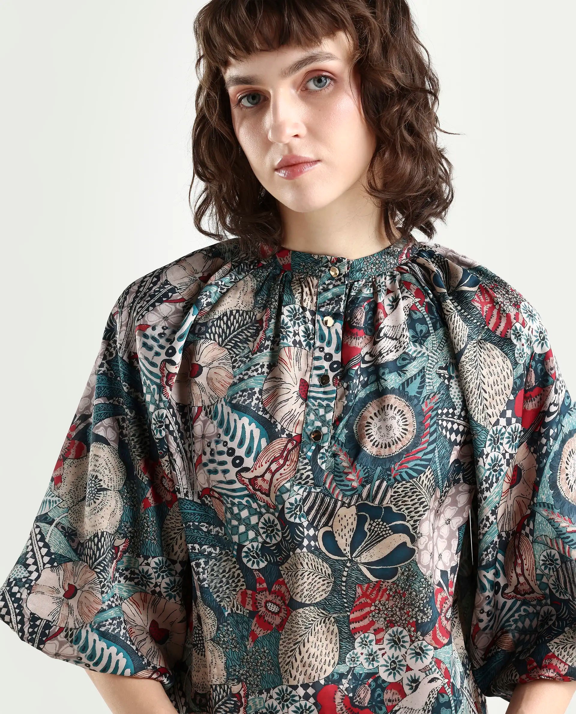 Rareism Women's Xito Multi Satin Mandarin Collar Abstract Print Raglan Sleeve Regular Fit Top