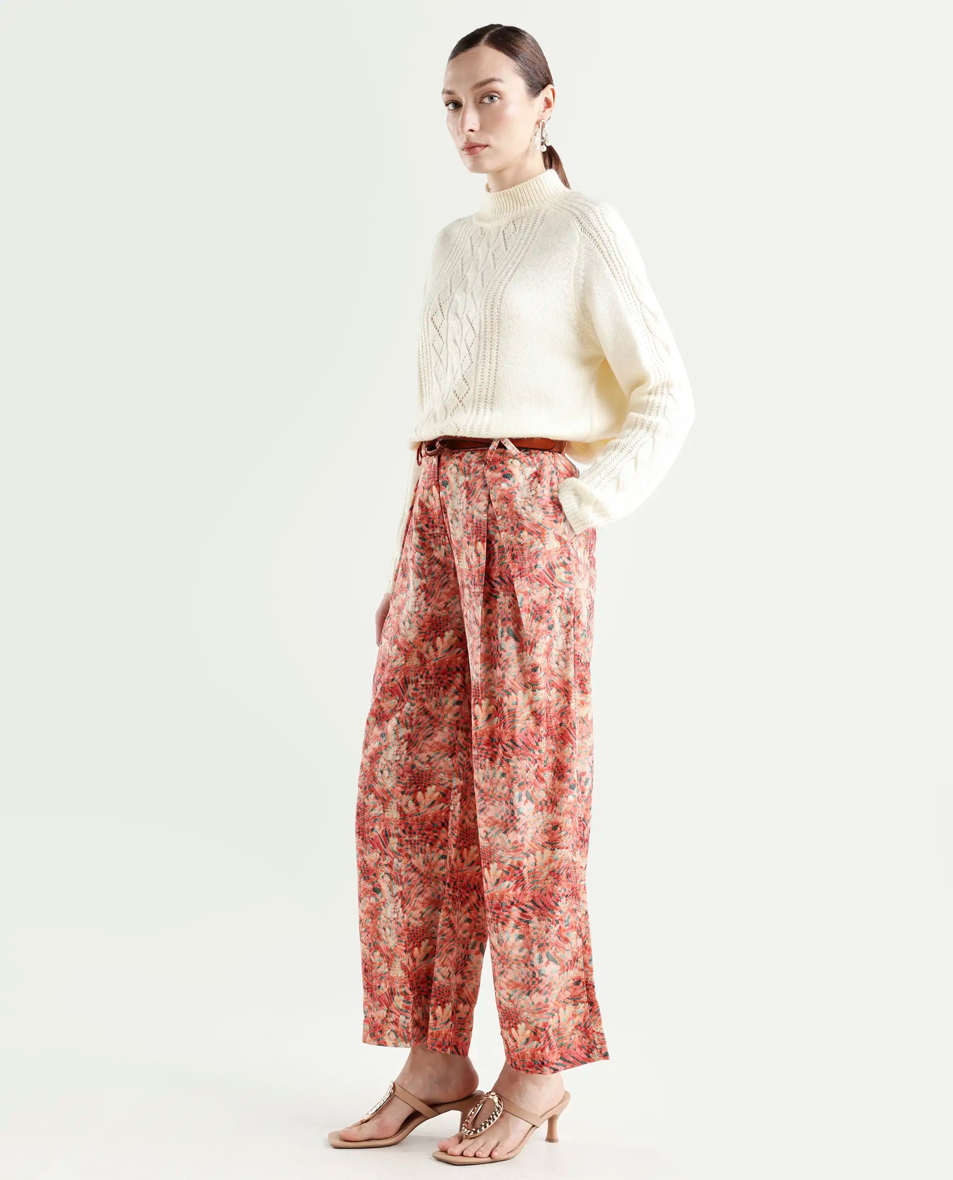 Rareism Women's Gretay Multi Polyester Blend Geometric Print Ankle Length Wide Trouser
