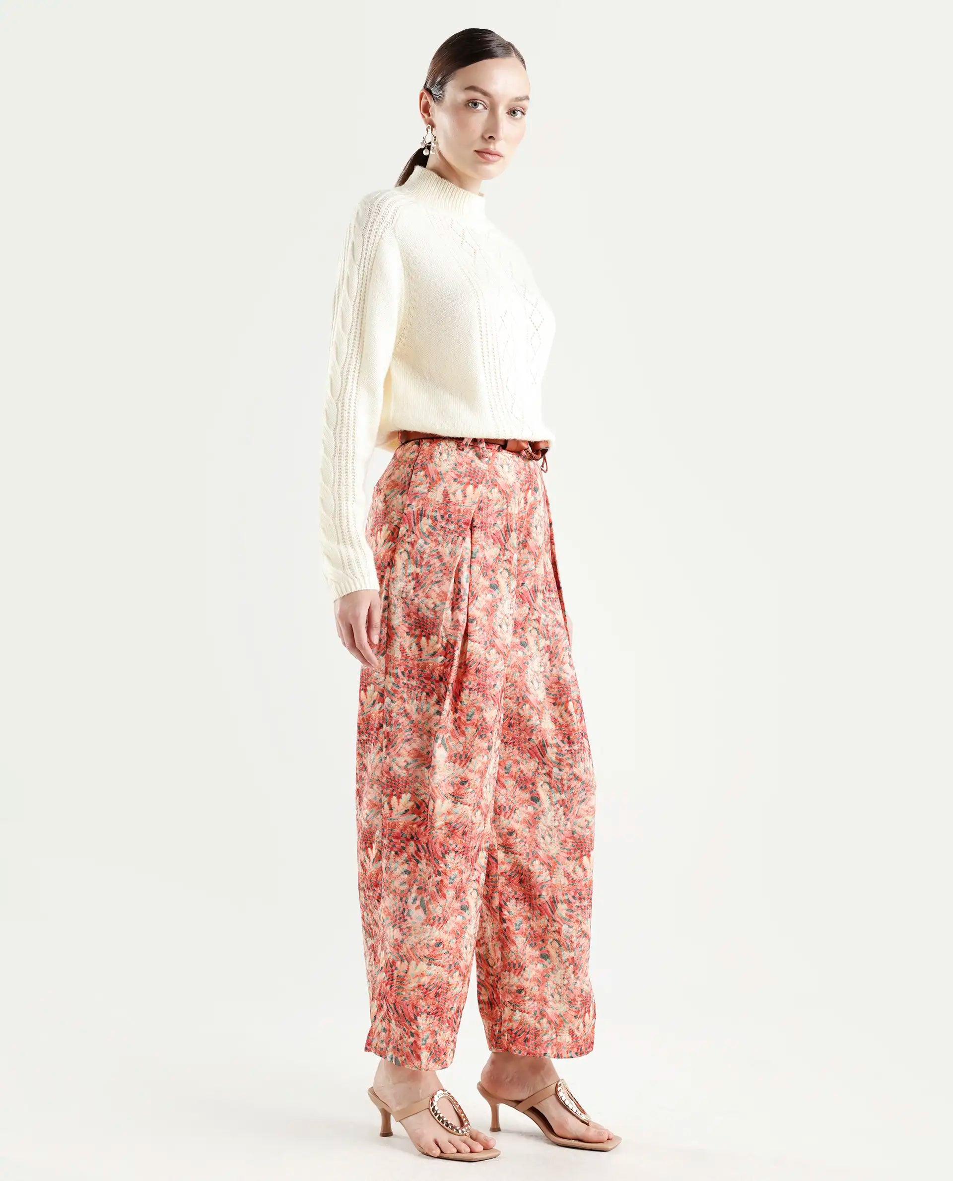 Rareism Women's Gretay Multi Polyester Blend Geometric Print Ankle Length Wide Trouser