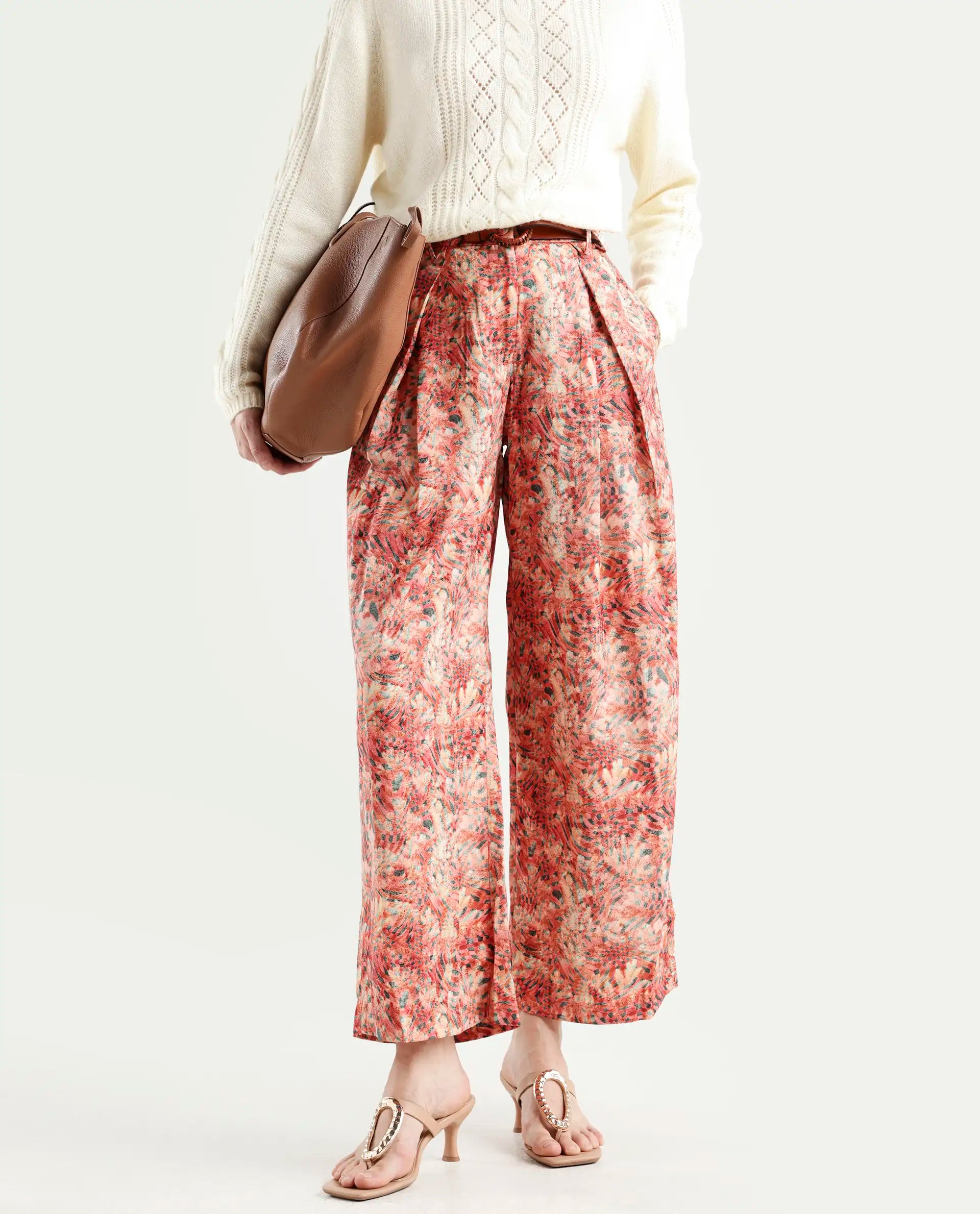 Rareism Women's Gretay Multi Polyester Blend Geometric Print Ankle Length Wide Trouser
