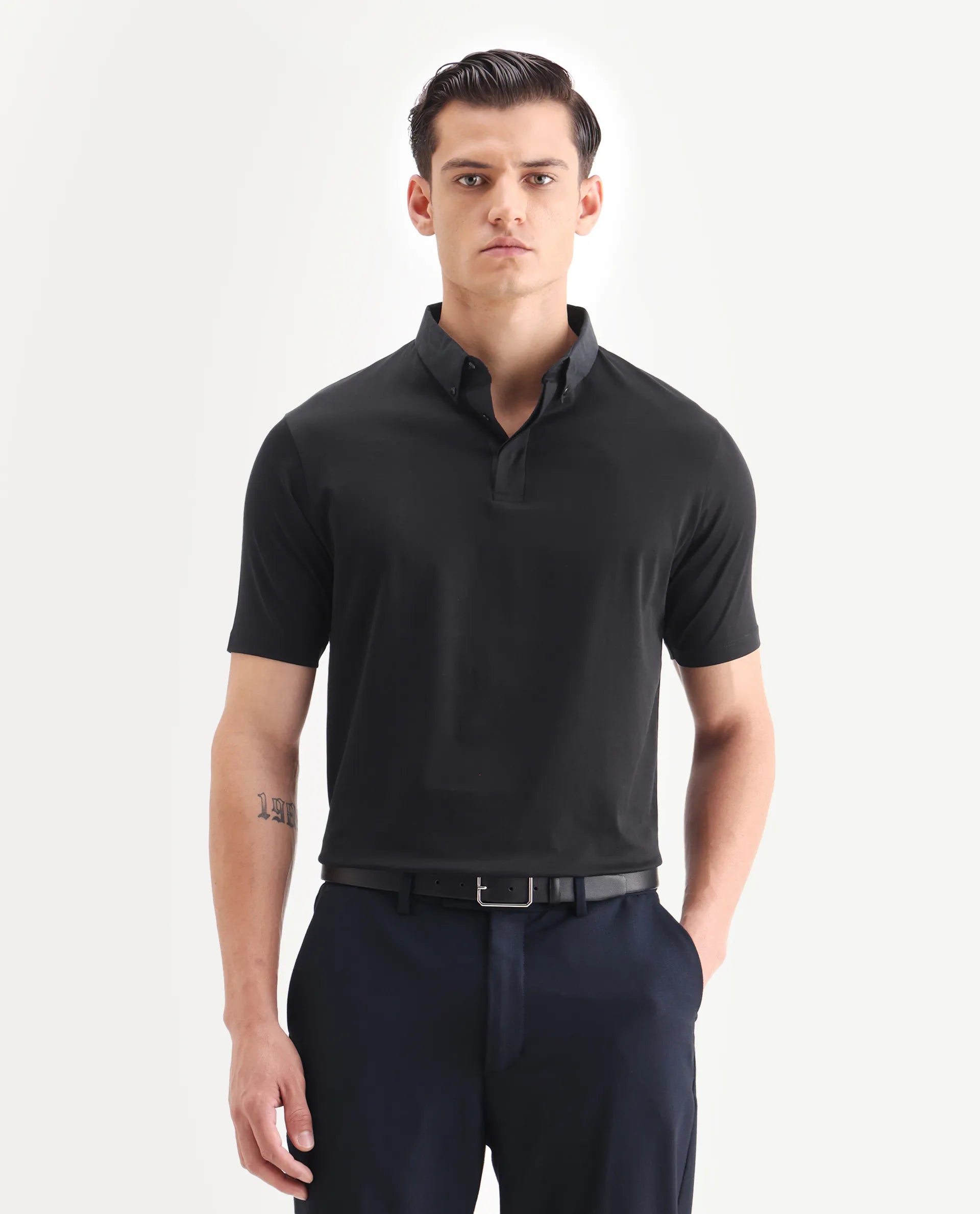 Rare Rabbit Men's Clarence-1 Black Cotton Plain Regular Fit Half Sleeve Polo
