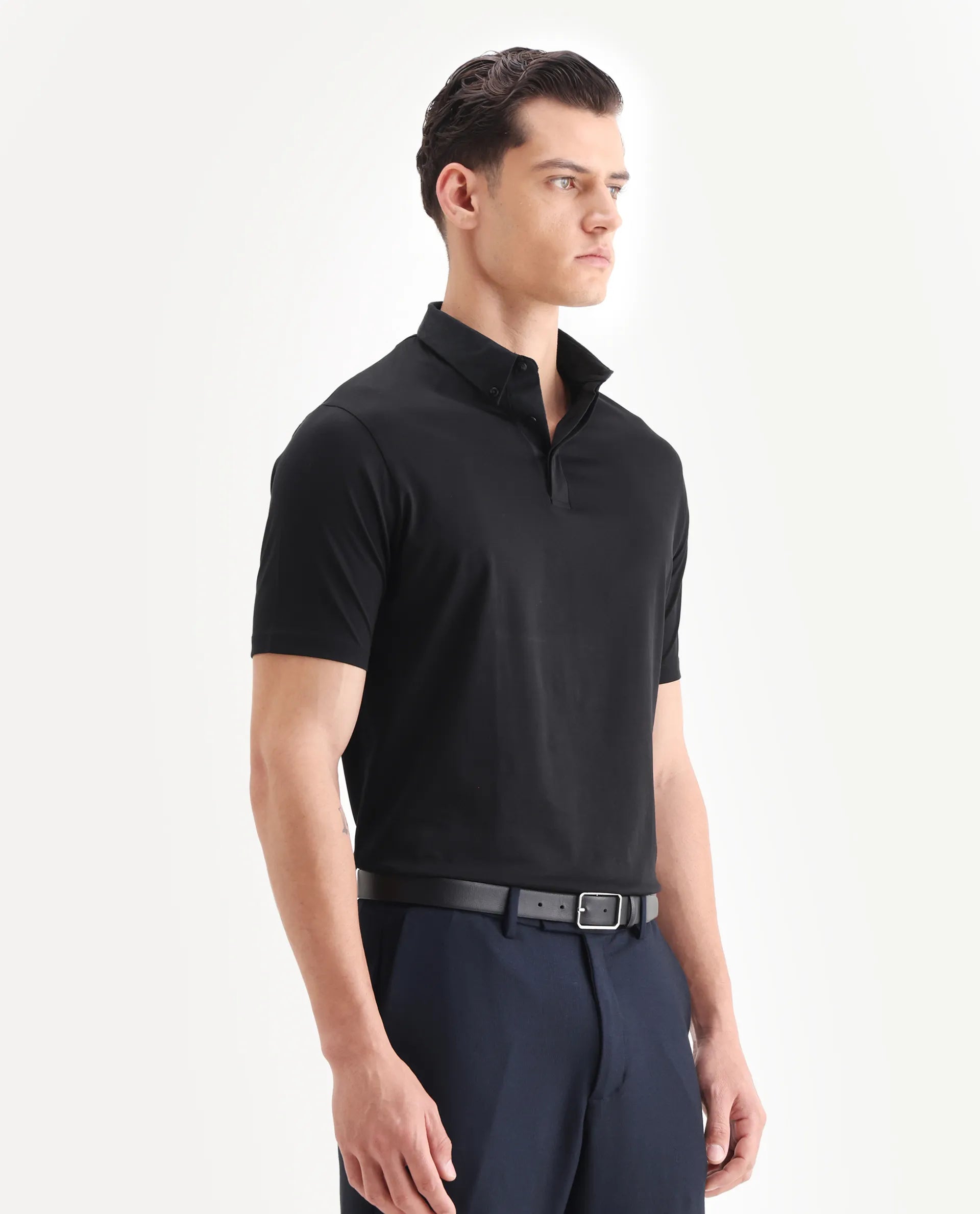 Rare Rabbit Men's Clarence-1 Black Cotton Plain Regular Fit Half Sleeve Polo