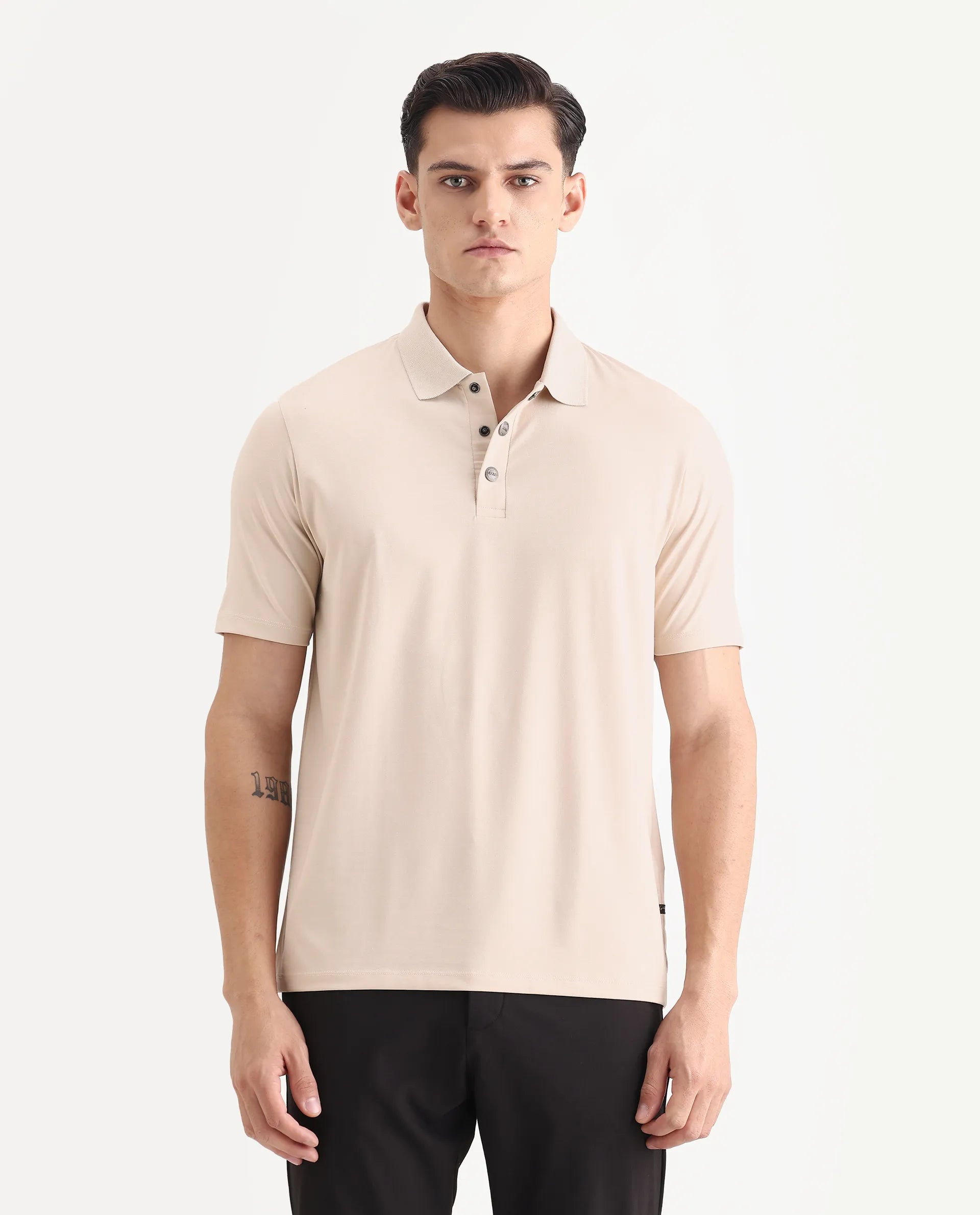 Rare Rabbit Men's Tang-1 Beige Cotton Plain Regular Fit Half Sleeve Polo