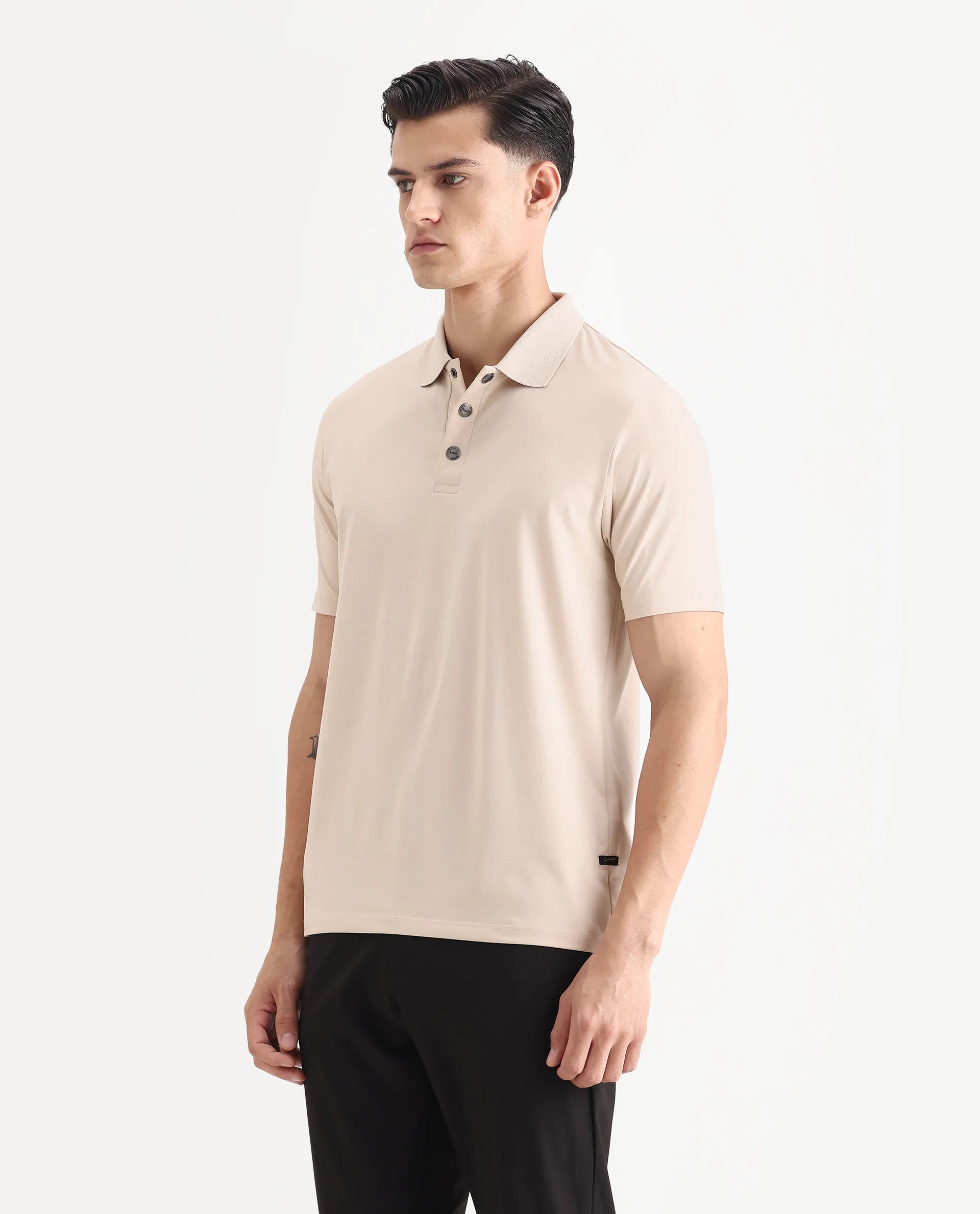 Rare Rabbit Men's Tang-1 Beige Cotton Plain Regular Fit Half Sleeve Polo