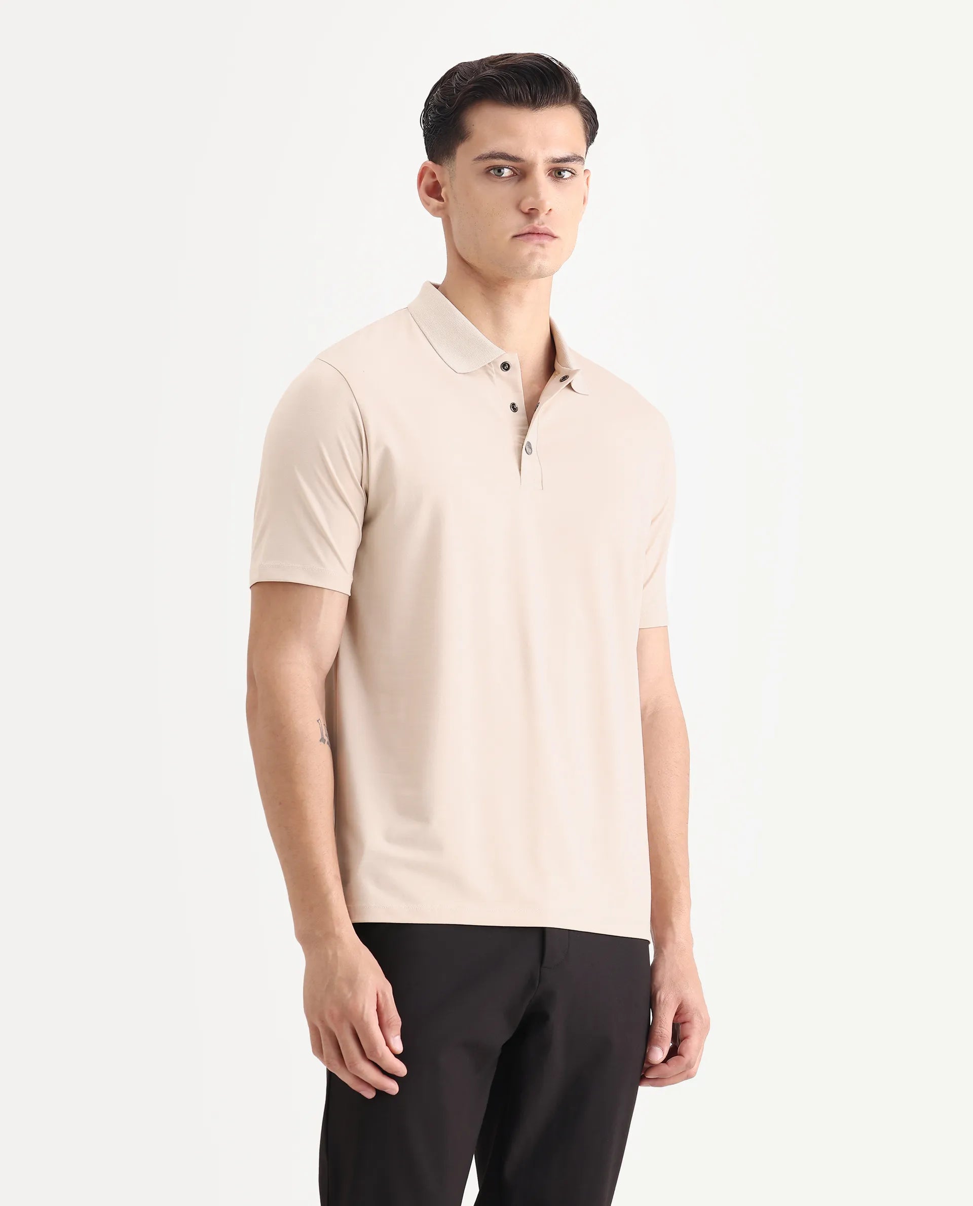 Rare Rabbit Men's Tang-1 Beige Cotton Plain Regular Fit Half Sleeve Polo