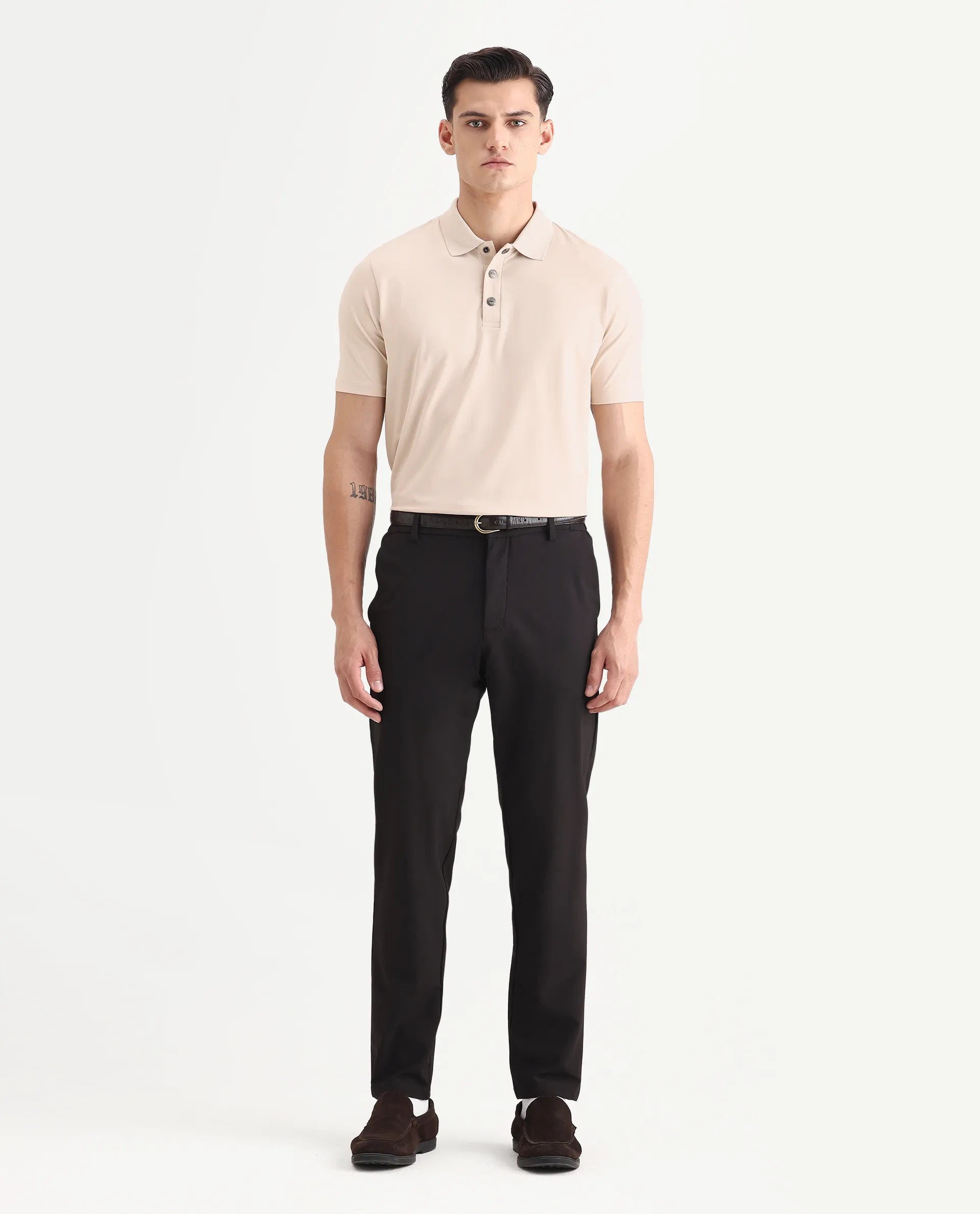 Rare Rabbit Men's Tang-1 Beige Cotton Plain Regular Fit Half Sleeve Polo