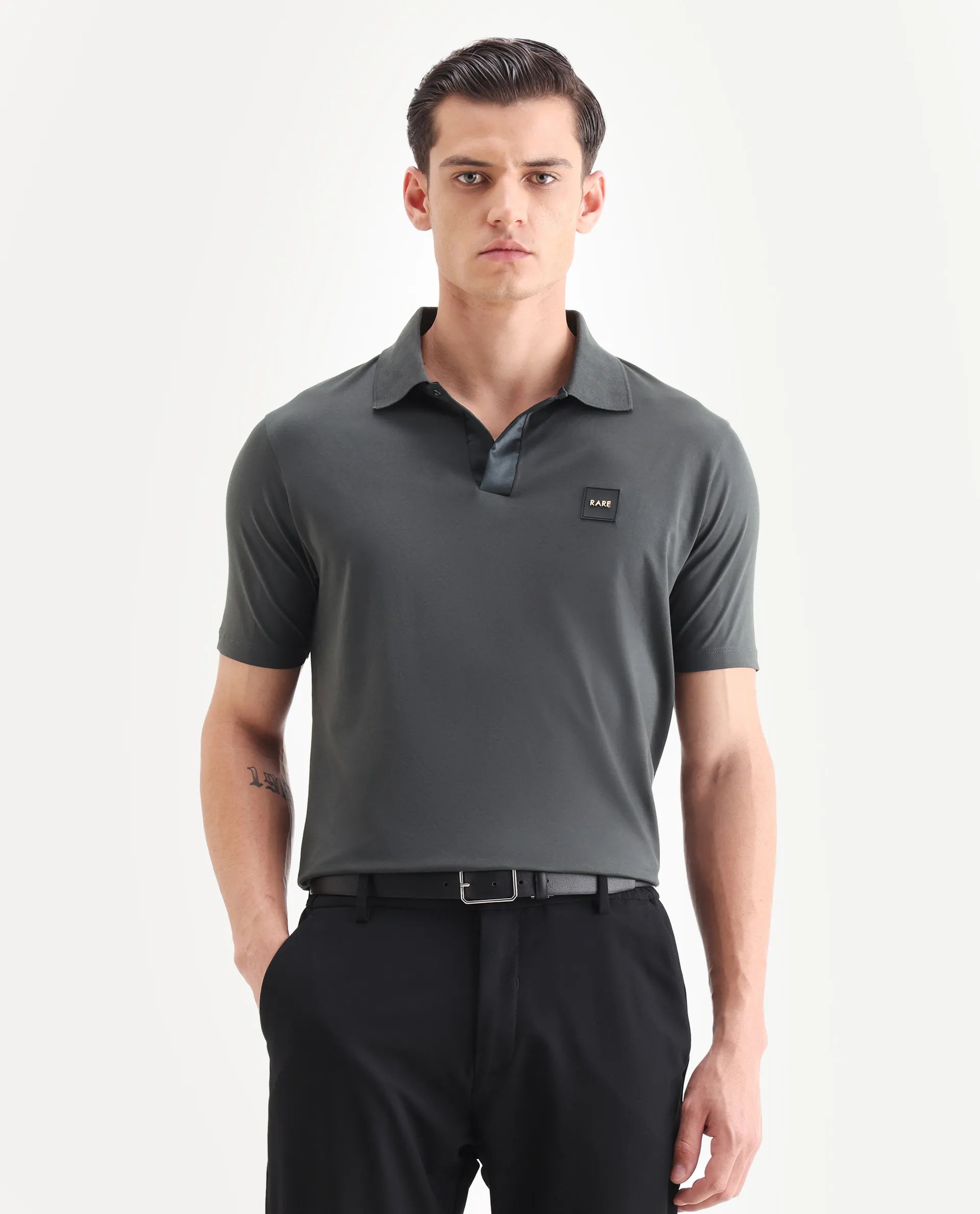 Rare Rabbit Men's Centor Dark Grey Cotton Plain Regular Fit Half Sleeve Polo