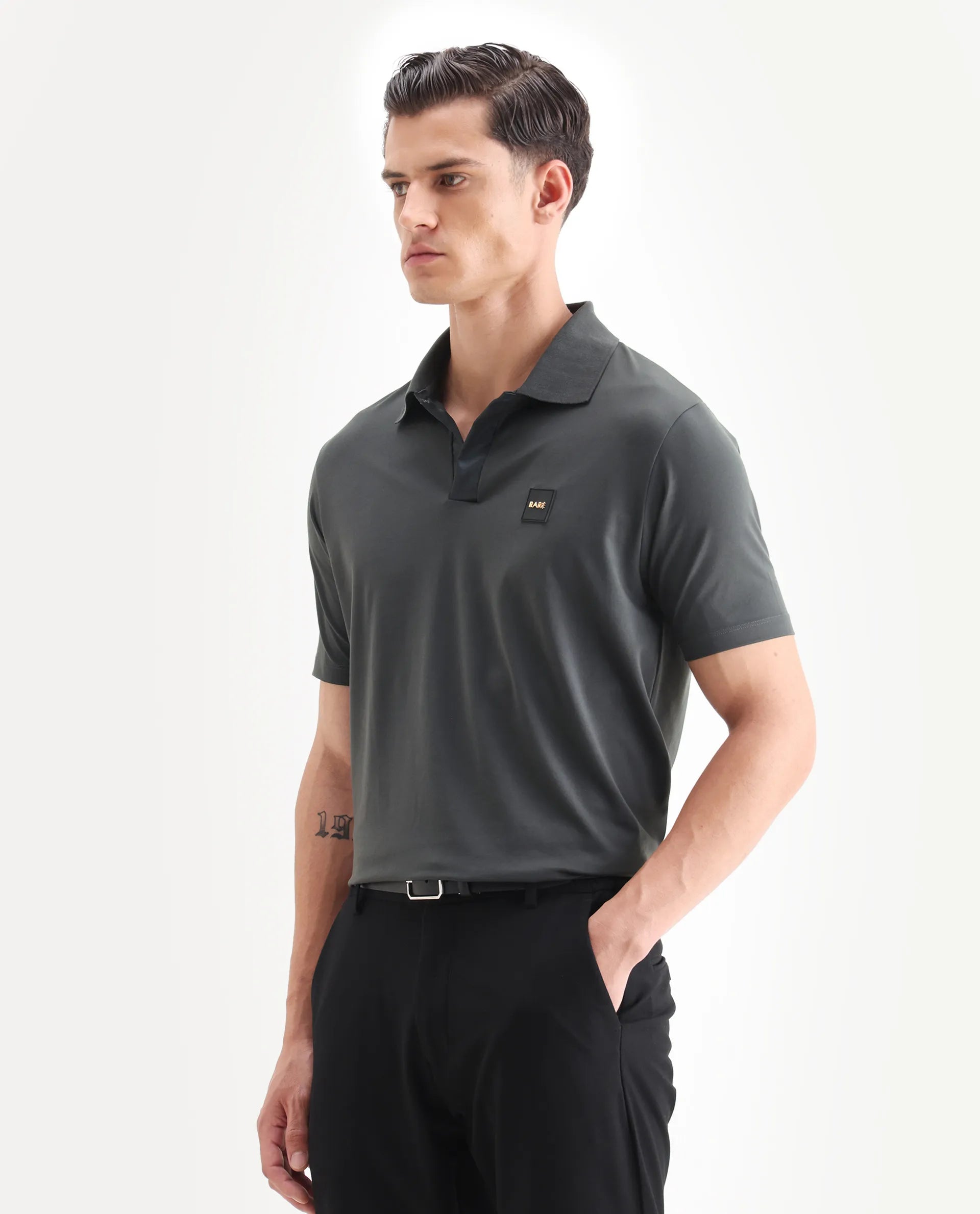 Rare Rabbit Men's Centor Dark Grey Cotton Plain Regular Fit Half Sleeve Polo