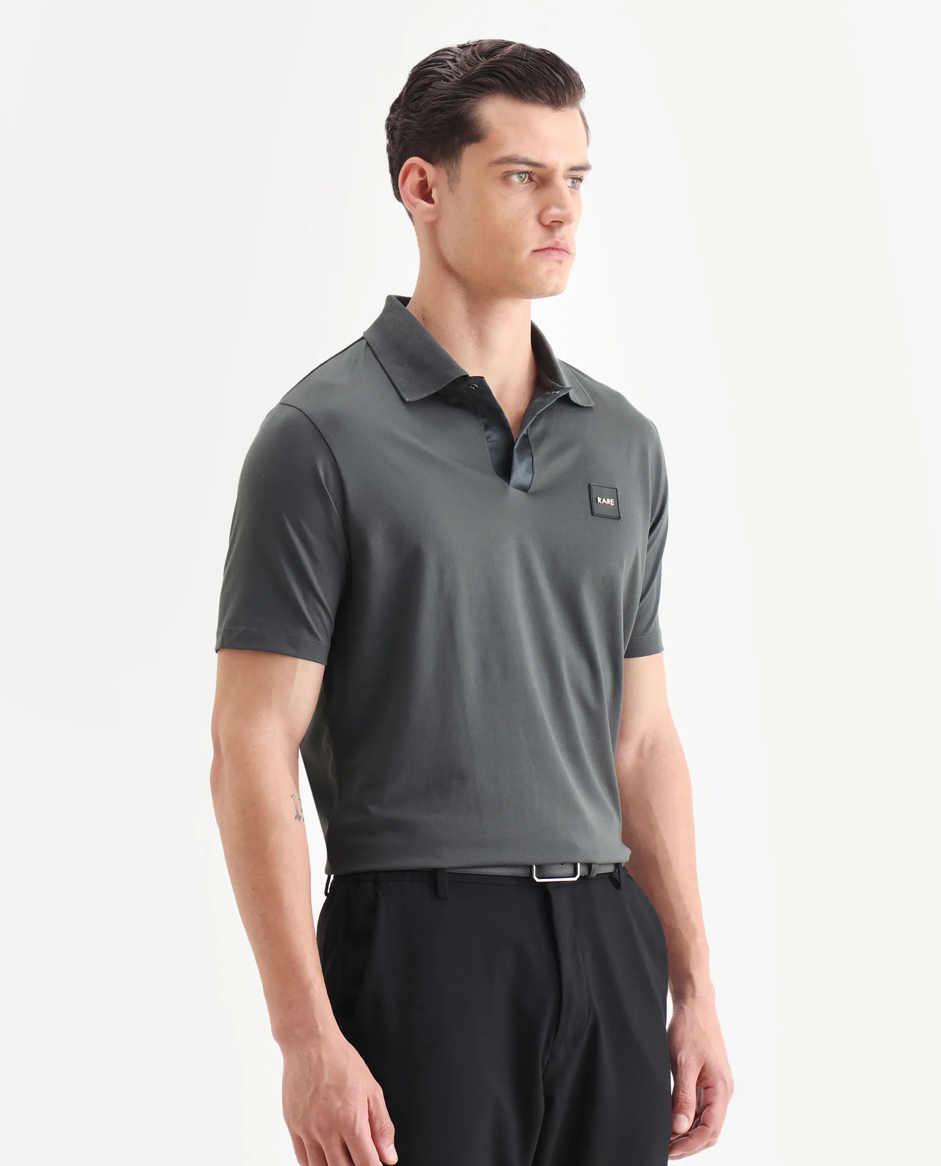 Rare Rabbit Men's Centor Dark Grey Cotton Plain Regular Fit Half Sleeve Polo