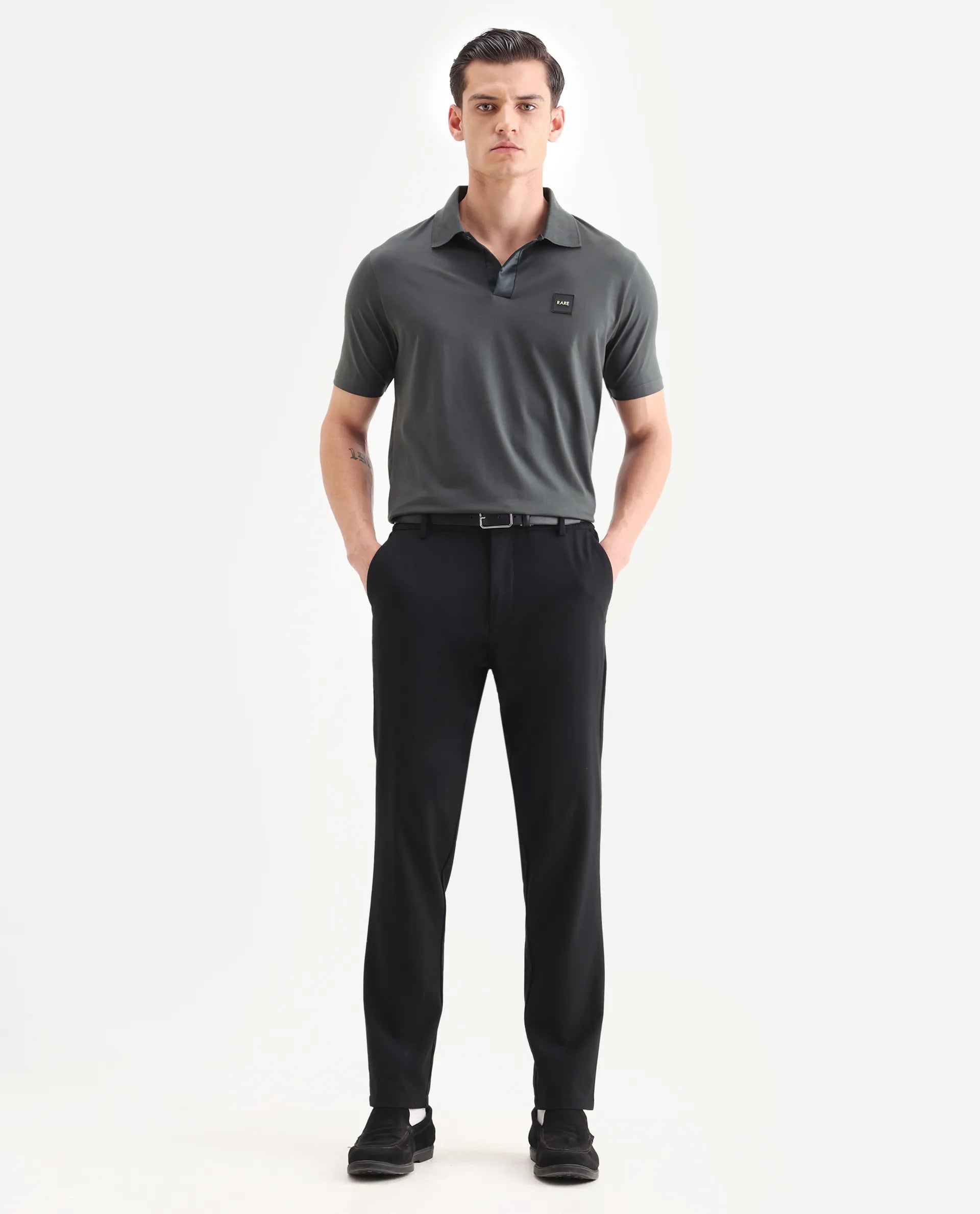 Rare Rabbit Men's Centor Dark Grey Cotton Plain Regular Fit Half Sleeve Polo