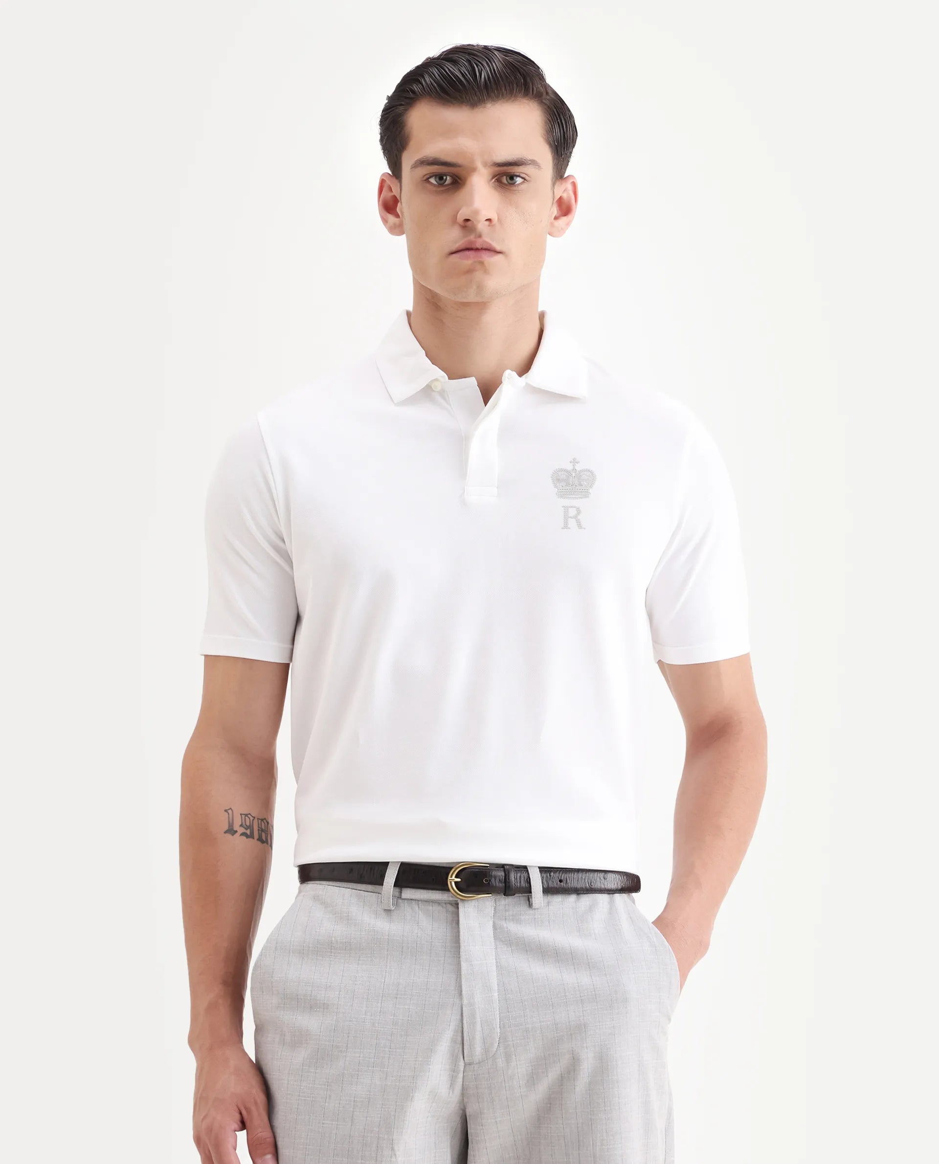 Rare Rabbit Men's Mais White Cotton Blend Plain Regular Fit Half Sleeve Polo