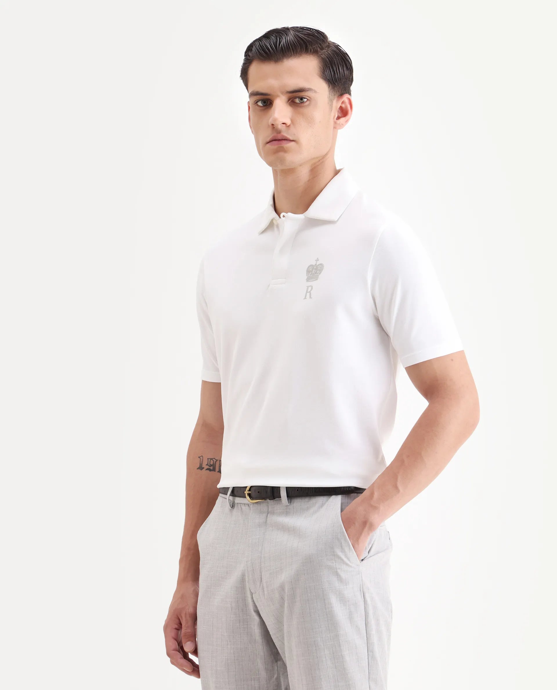 Rare Rabbit Men's Mais White Cotton Blend Plain Regular Fit Half Sleeve Polo