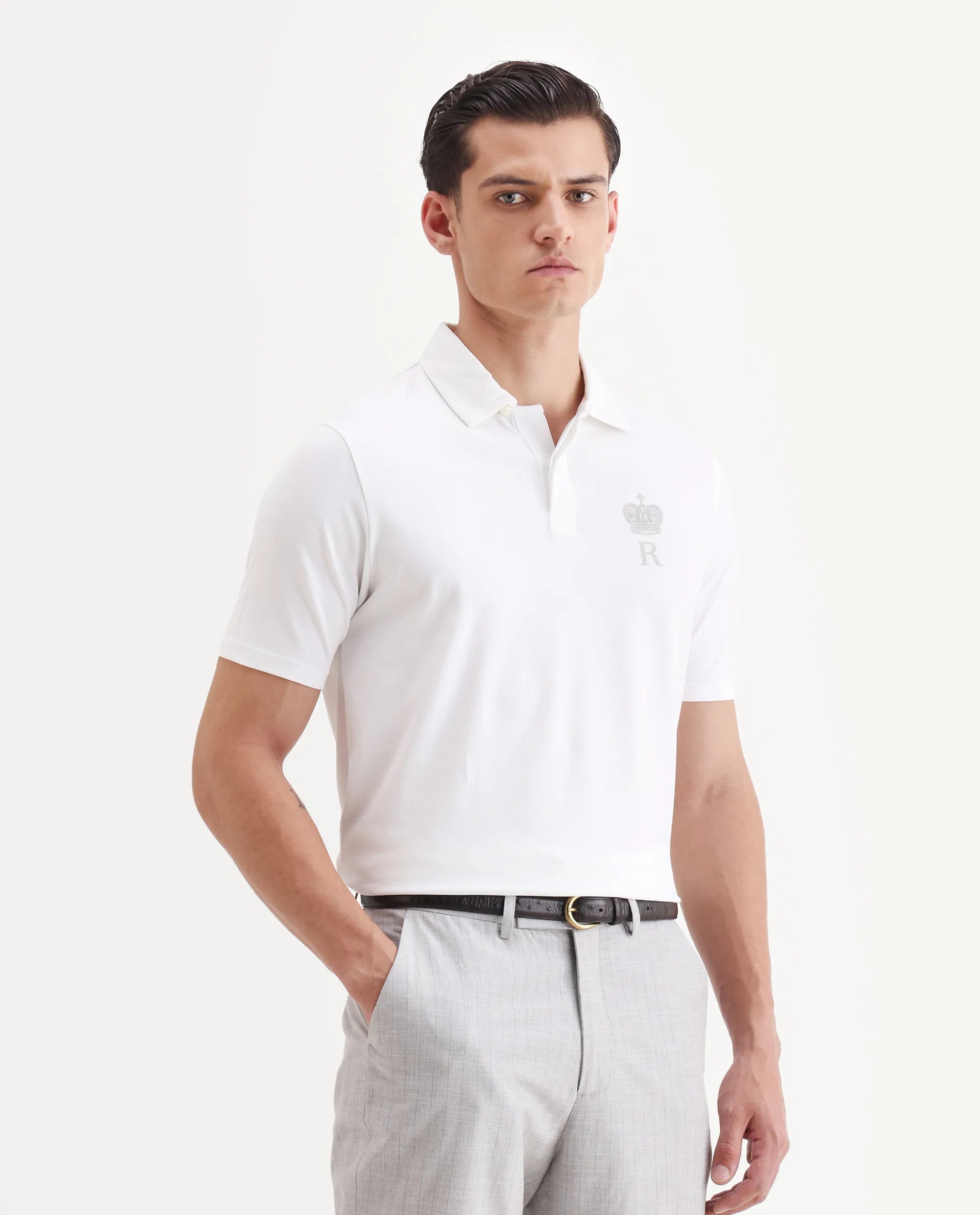 Rare Rabbit Men's Mais White Cotton Blend Plain Regular Fit Half Sleeve Polo