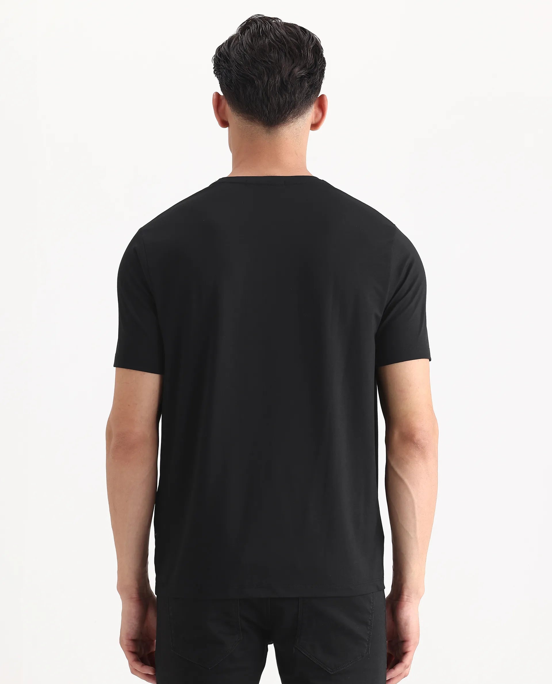 Rare Rabbit Men's Spectre Black Cotton Blend Graphic Print Regular Fit Half Sleeve Crew Neck T-Shirt