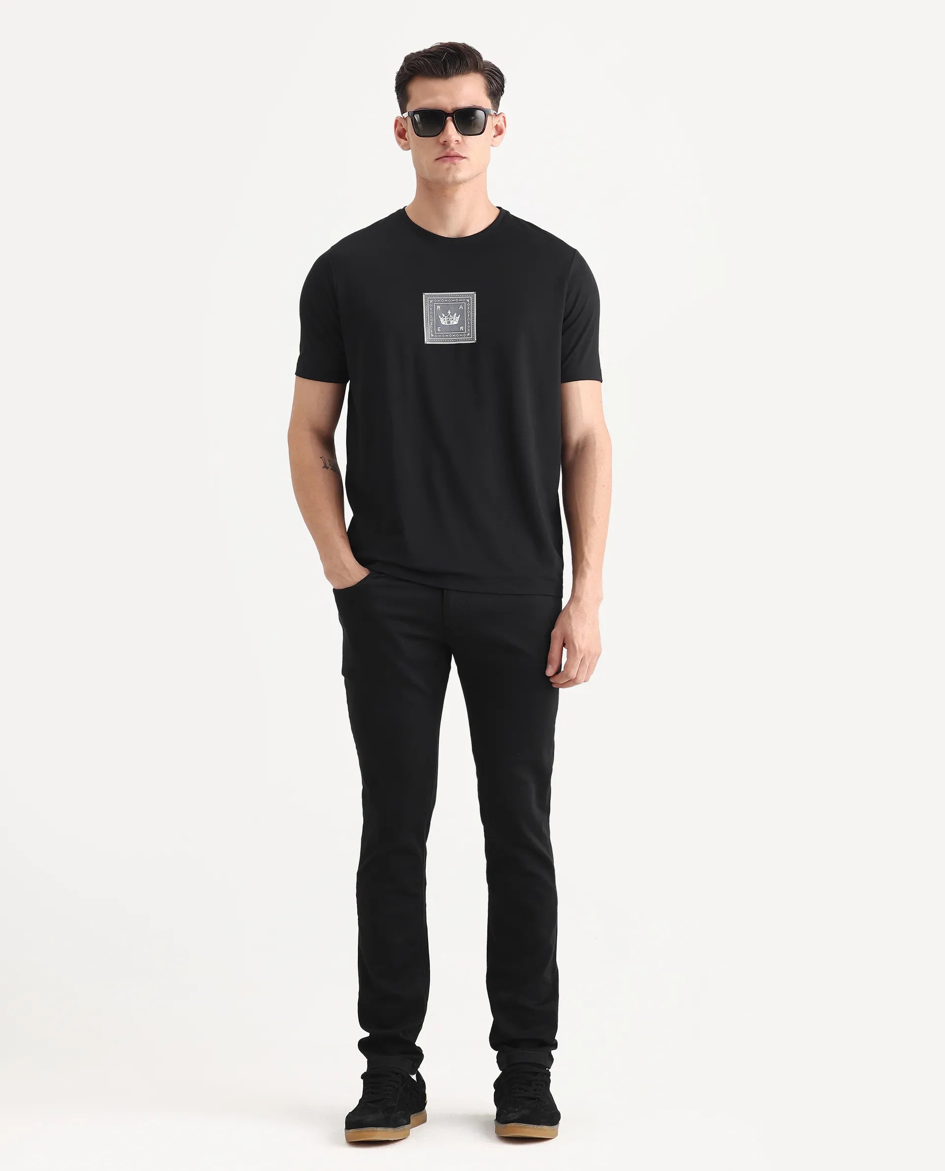 Rare Rabbit Men's Spectre Black Cotton Blend Graphic Print Regular Fit Half Sleeve Crew Neck T-Shirt